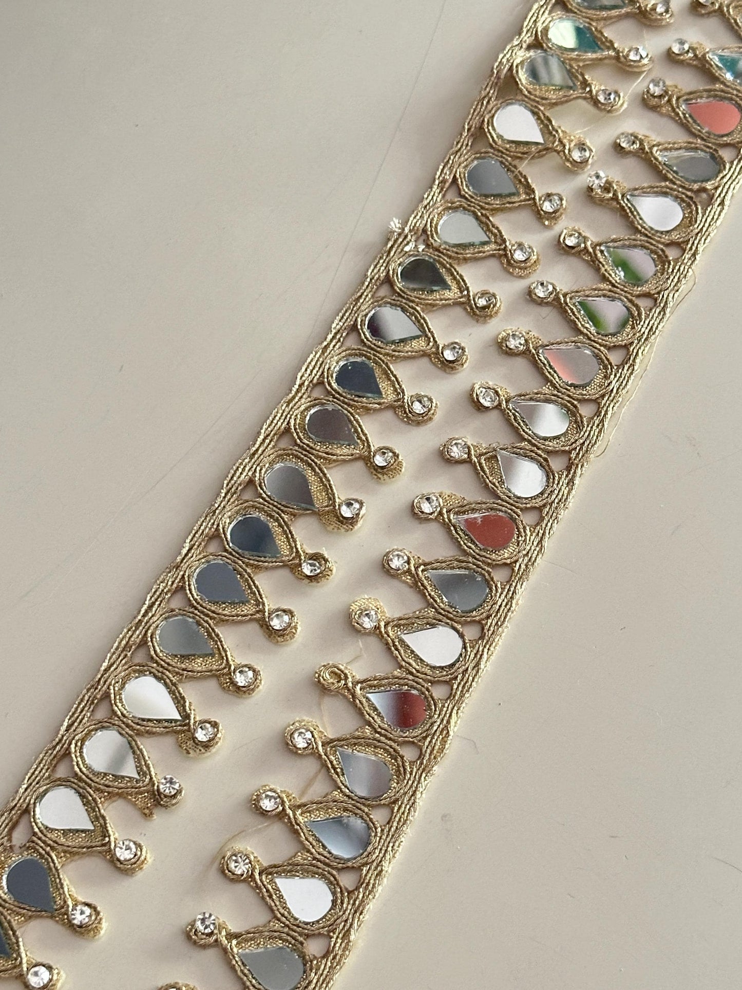 Mirror Rhinestone Lace Trim for Blouse, Saree, Lehenga Dupatta Golden Embroidered Border for Dressmaking DIY & Bridal Decor