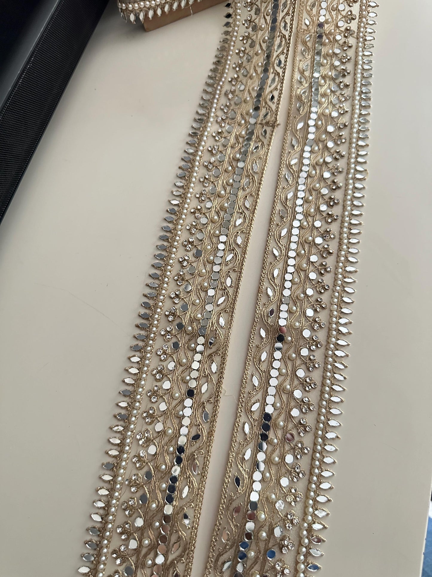 Pearl Mirror Lace Trim Zircon Gold Zari Embroidered Border for Saree, Dress, Decor Indian Wedding Veil Costume Ribbon 2 Inch Net Trim
