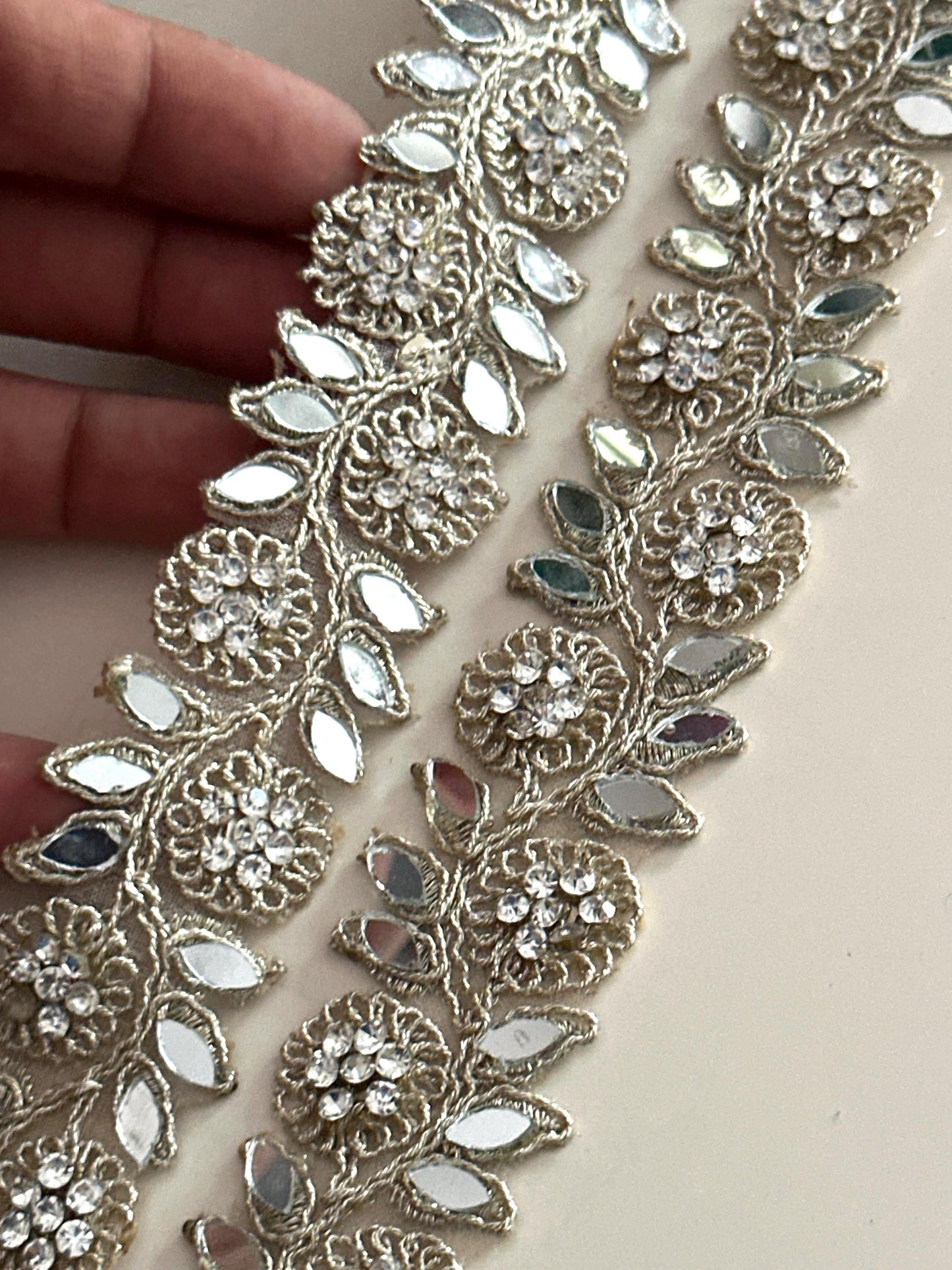 Floral Mirror Crystal Lace Trim Victorian Style Designer Gold Leaf Border for Saree Blouse Belt & Decor Indian Handmade Embroidery Ribbon
