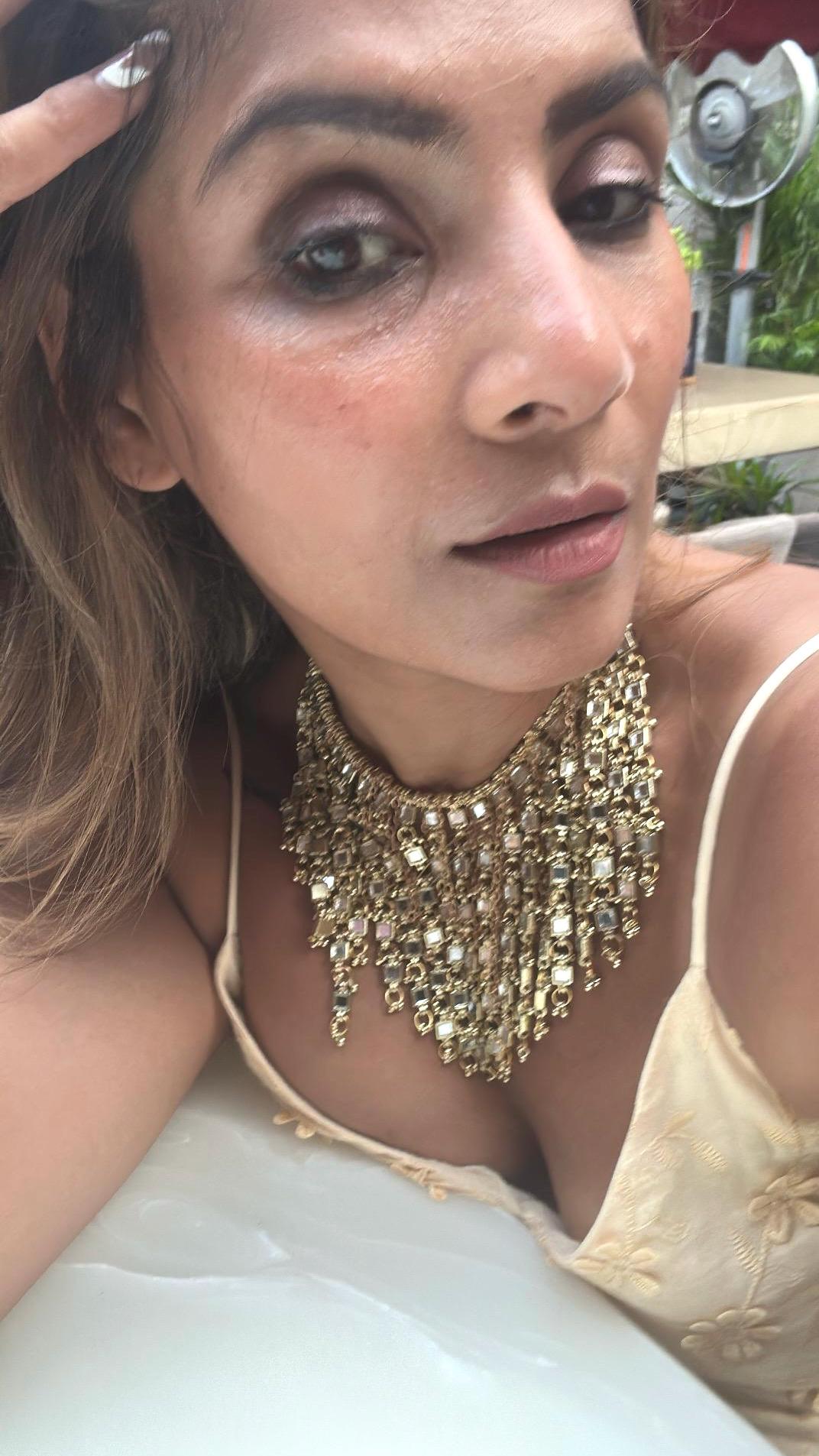 Smart Mirror Statement Necklace – Gold Fringe Choker, Reflective Jewelry, Handcrafted Festival & Glam Nightwear Gift For Her