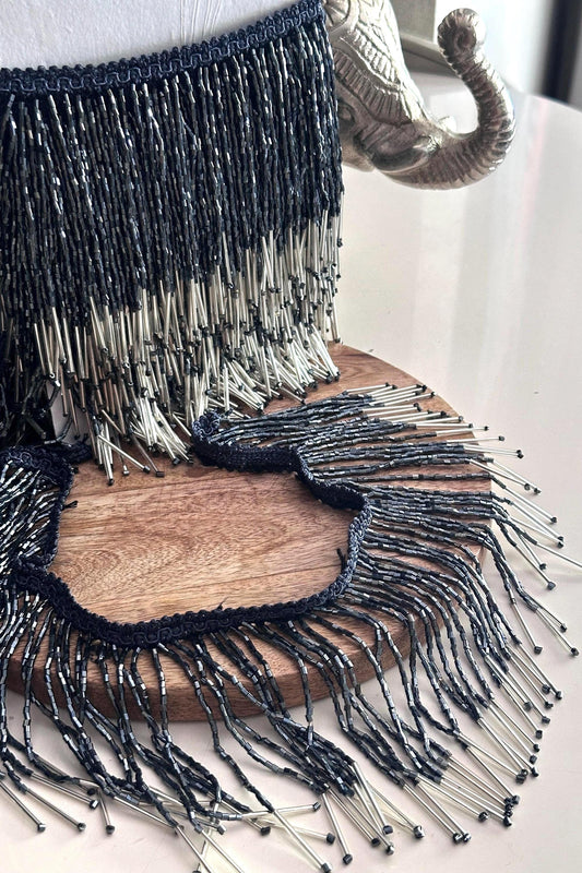 Blue Beaded Fringe Trim with Silver Bugle