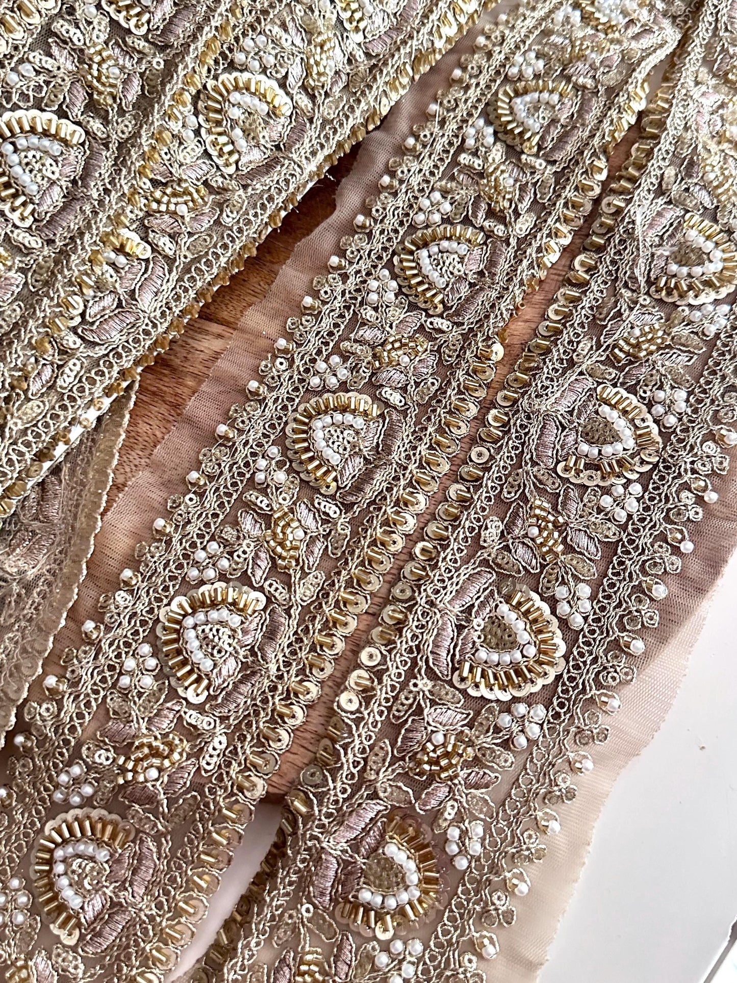 Luxury Hand Embroidered Pearl Sequin Trim Gold Zardozi Lace Border for Saree Dupatta Bridal Veil Lehenga & Wedding Dress Indian Craft Ribbon