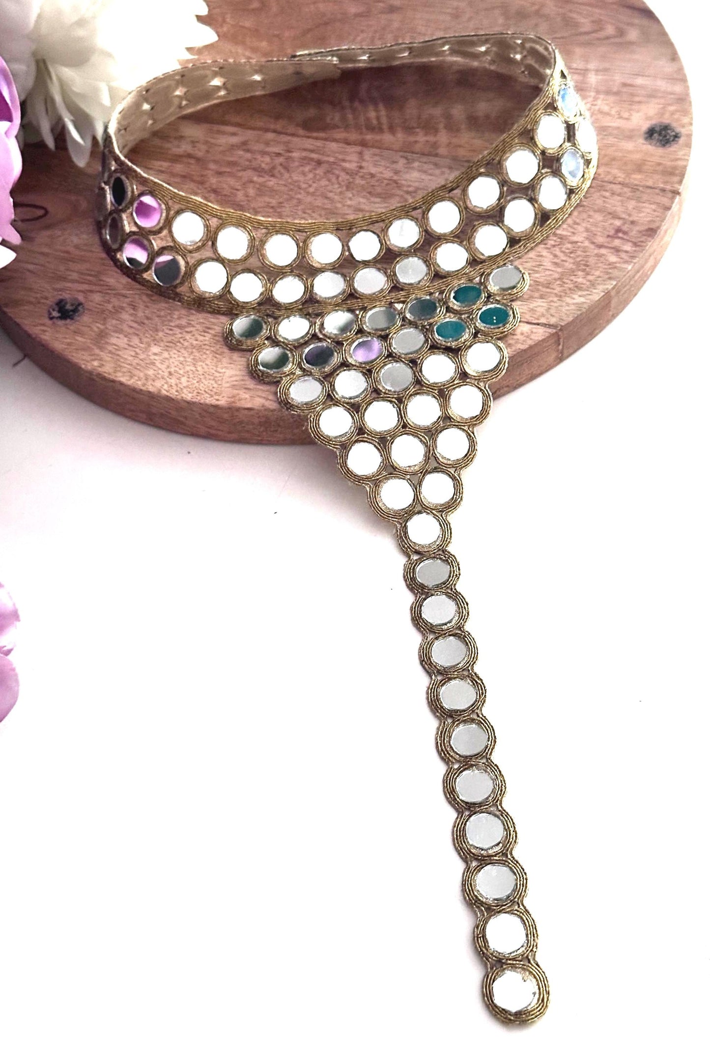 Hand Embroidered Mirror Work Neck Applique Boho Silver & Gold Body Jewelry Yoke Patch Mirror Crystal Embellishment for Dress Gown Costume