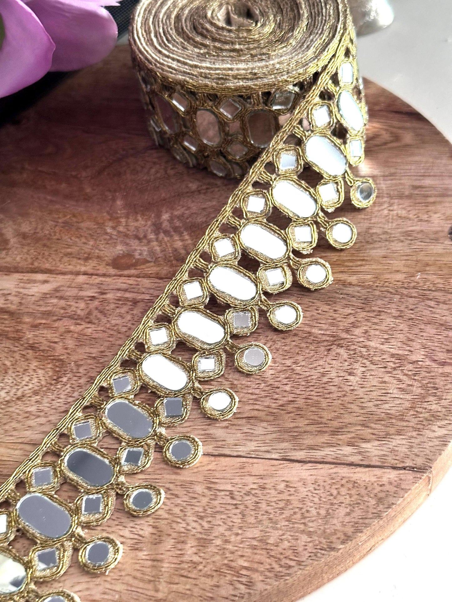 Gold Oval Mirror Lace Trim for Waist Belt Dupatta Costume Design Handcrafted Indian Saree Border Ribbon for DIY Bridal Festival Wear Jewelry
