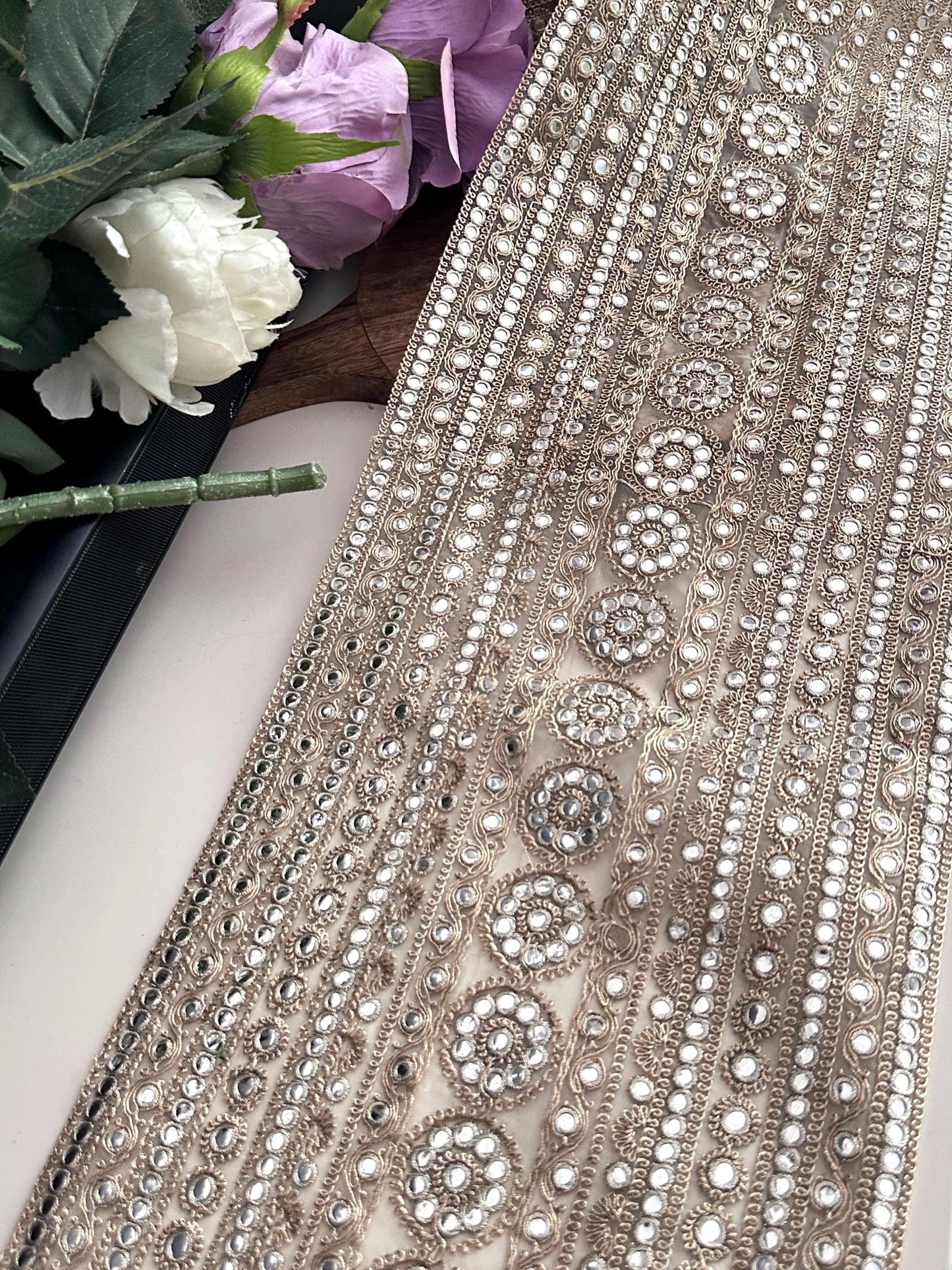 Gold Embroidered Fabric with Mirror Bead Work Indian Bridal Lace Trim for Saree Lehenga Dupatta Dress Zari Border Embellishment by Yard