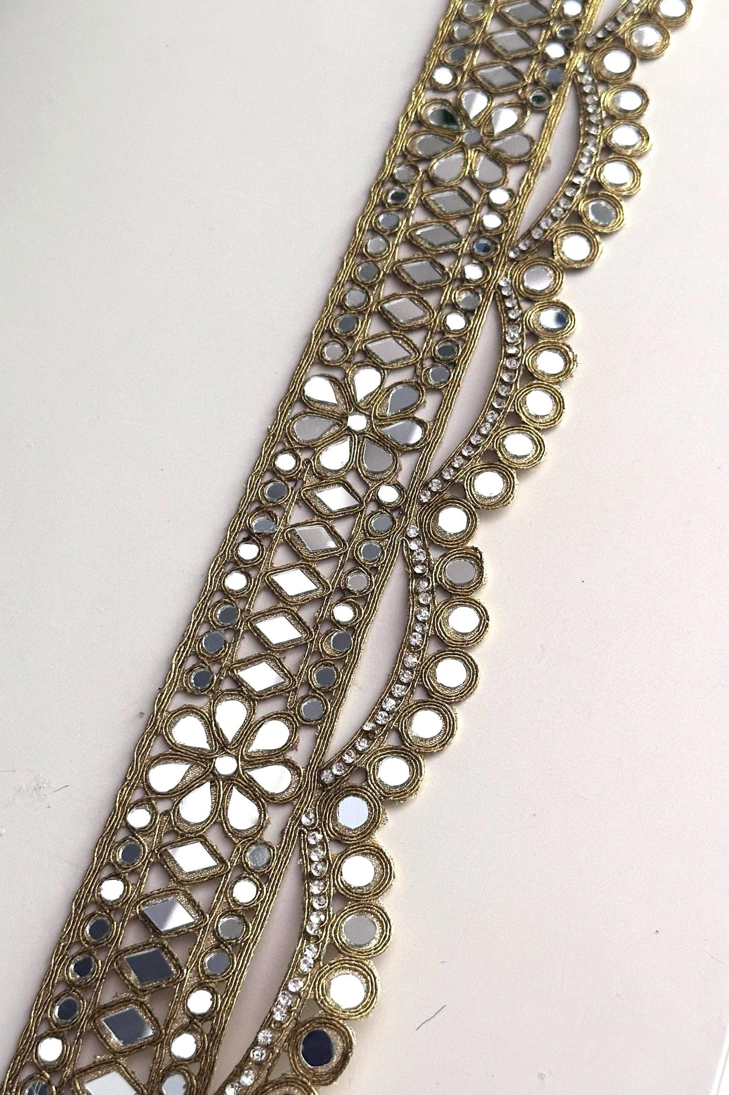 Gold Floral Mirror Lace Trim with Rhinestone Zircon Wide Indian Border for Bridal Belt Festival Cinturone DIY Costume Making & Dancewear