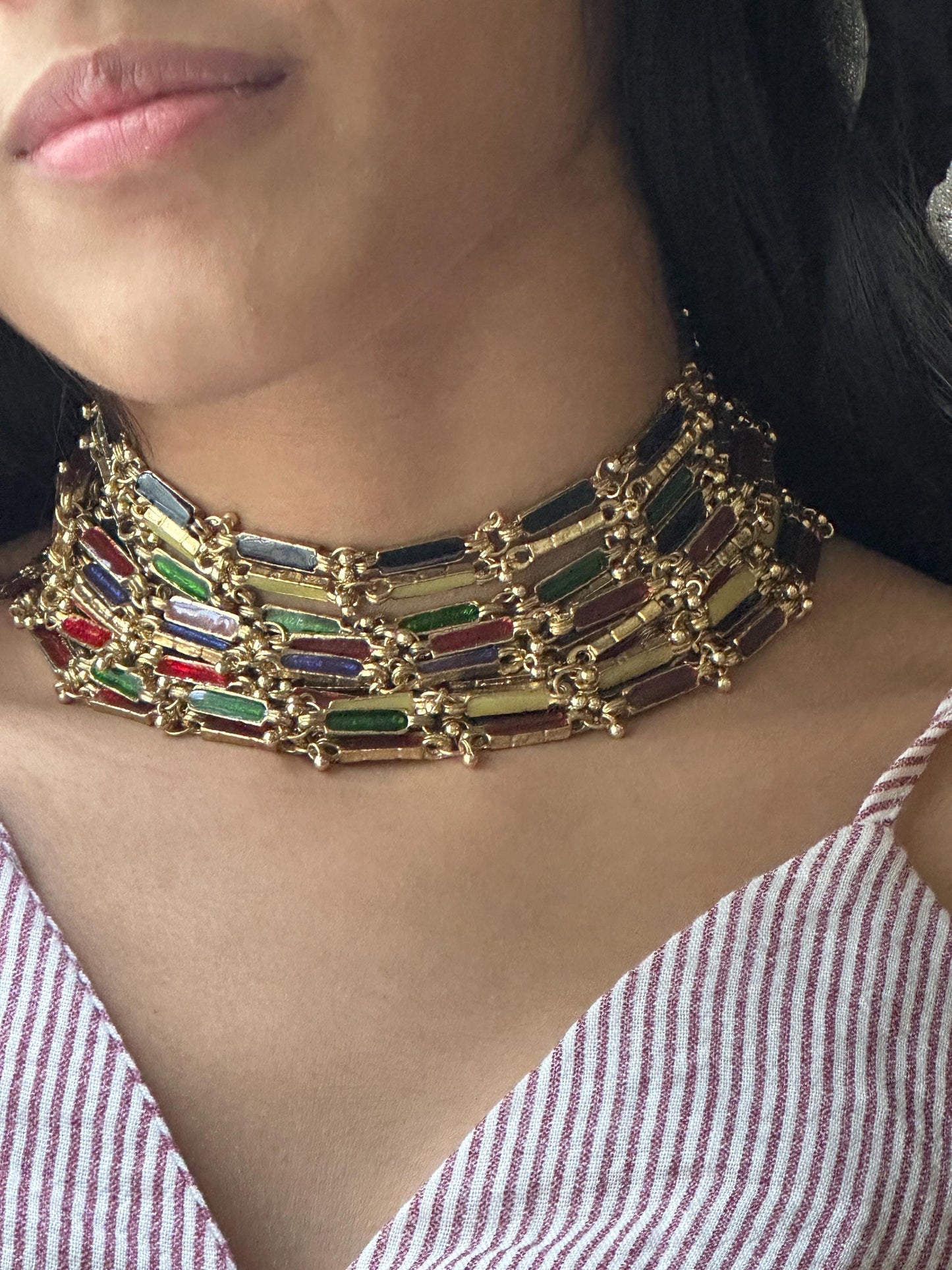 Handmade Multi-Color Enamel Choker Necklace Gold-Plated Festive Statement Jewelry Unique Artisan Gift for Her Indian Ethnic Wedding Jewelry
