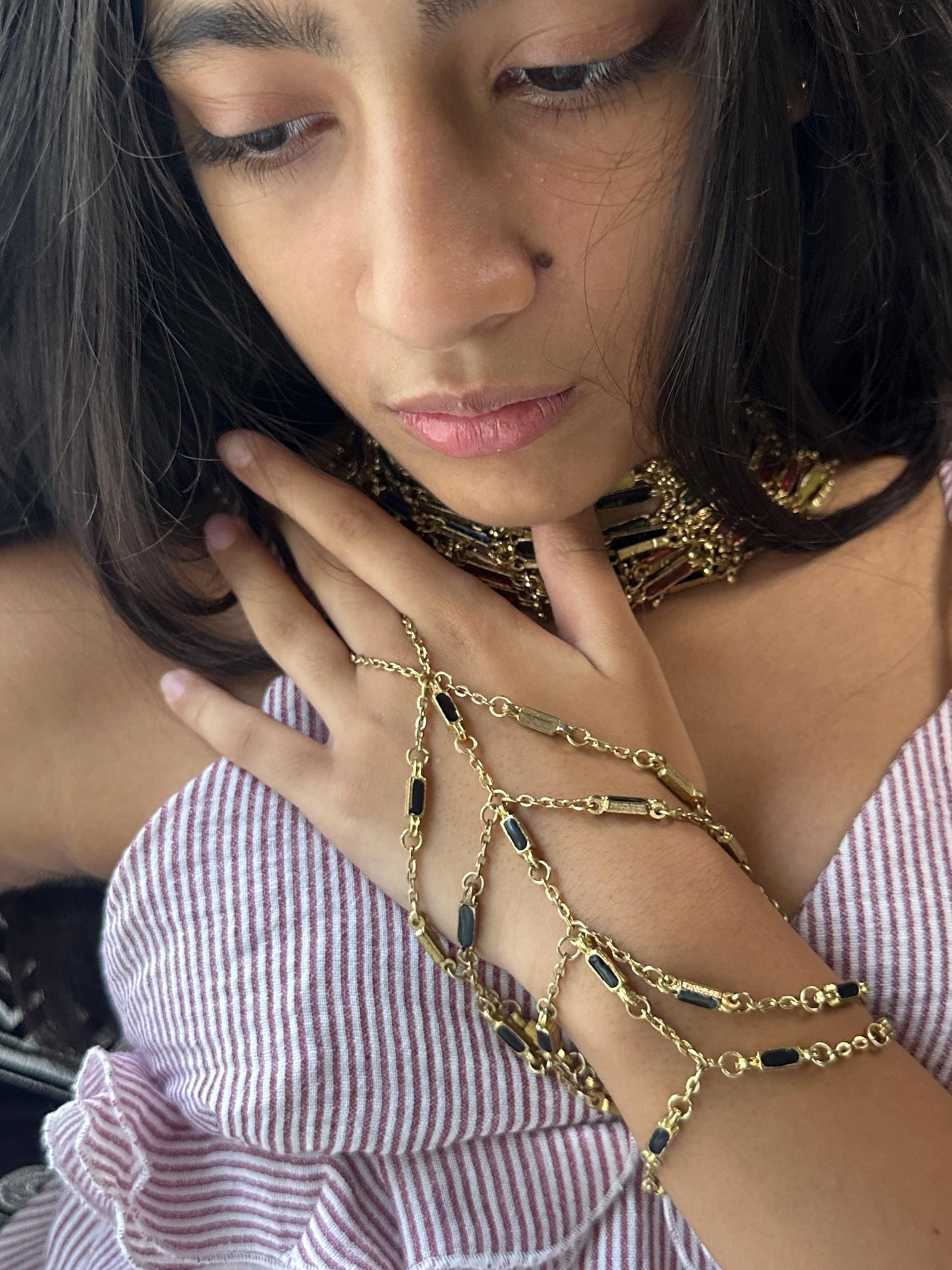 Gold Chain Foot Harness & Hand Harness Jewelry Boho Barefoot Sandal with Black Enamel Accent Festival Beach Wedding Belly Dance Accessories