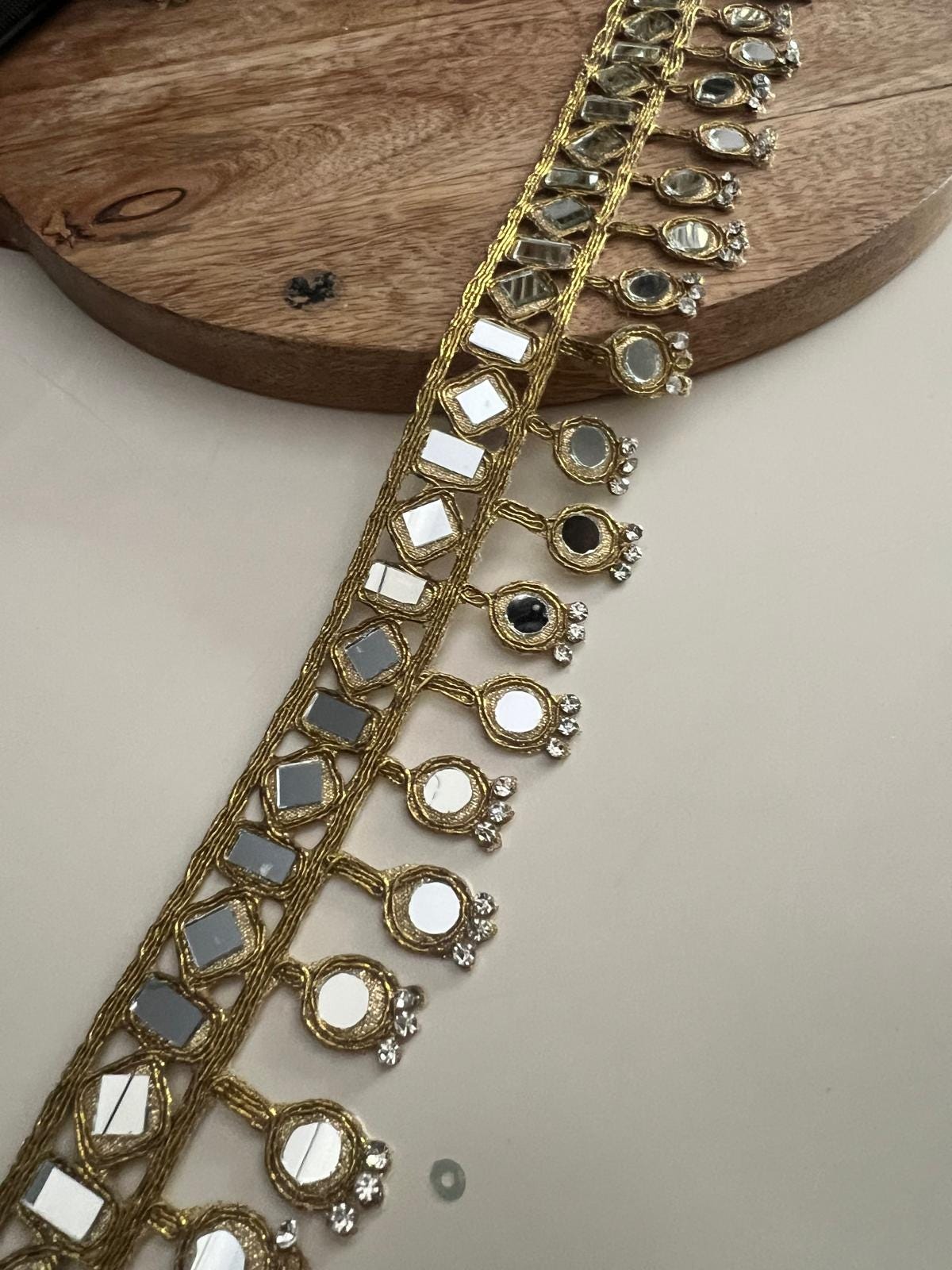 Indian Gold Mirror Lace Trim - Bridal Saree Border Ribbon - 3cm Ethnic Choker Belt - Wedding Dress Band by Yard