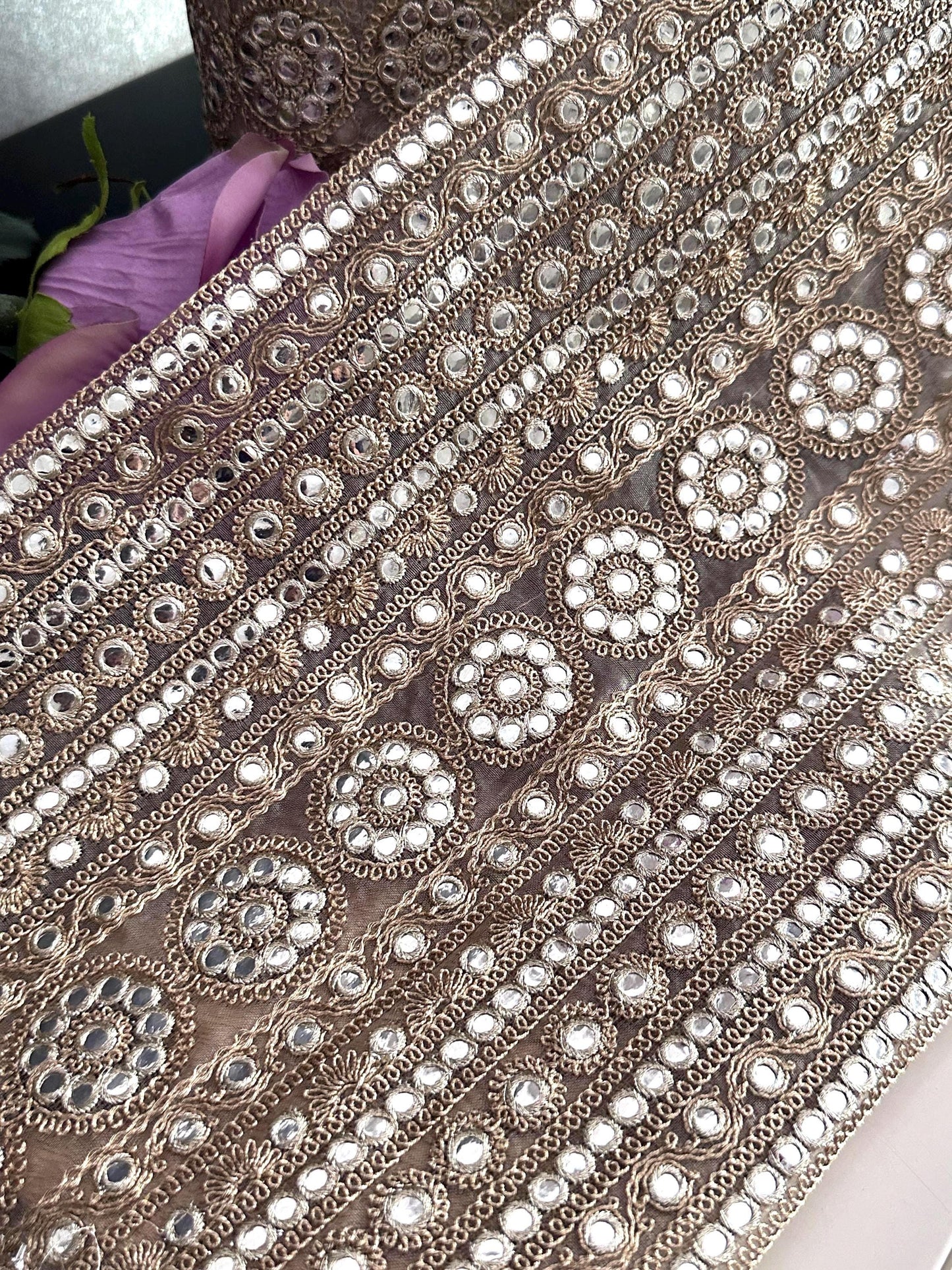 Gold Embroidered Fabric with Mirror Bead Work Indian Bridal Lace Trim for Saree Lehenga Dupatta Dress Zari Border Embellishment by Yard