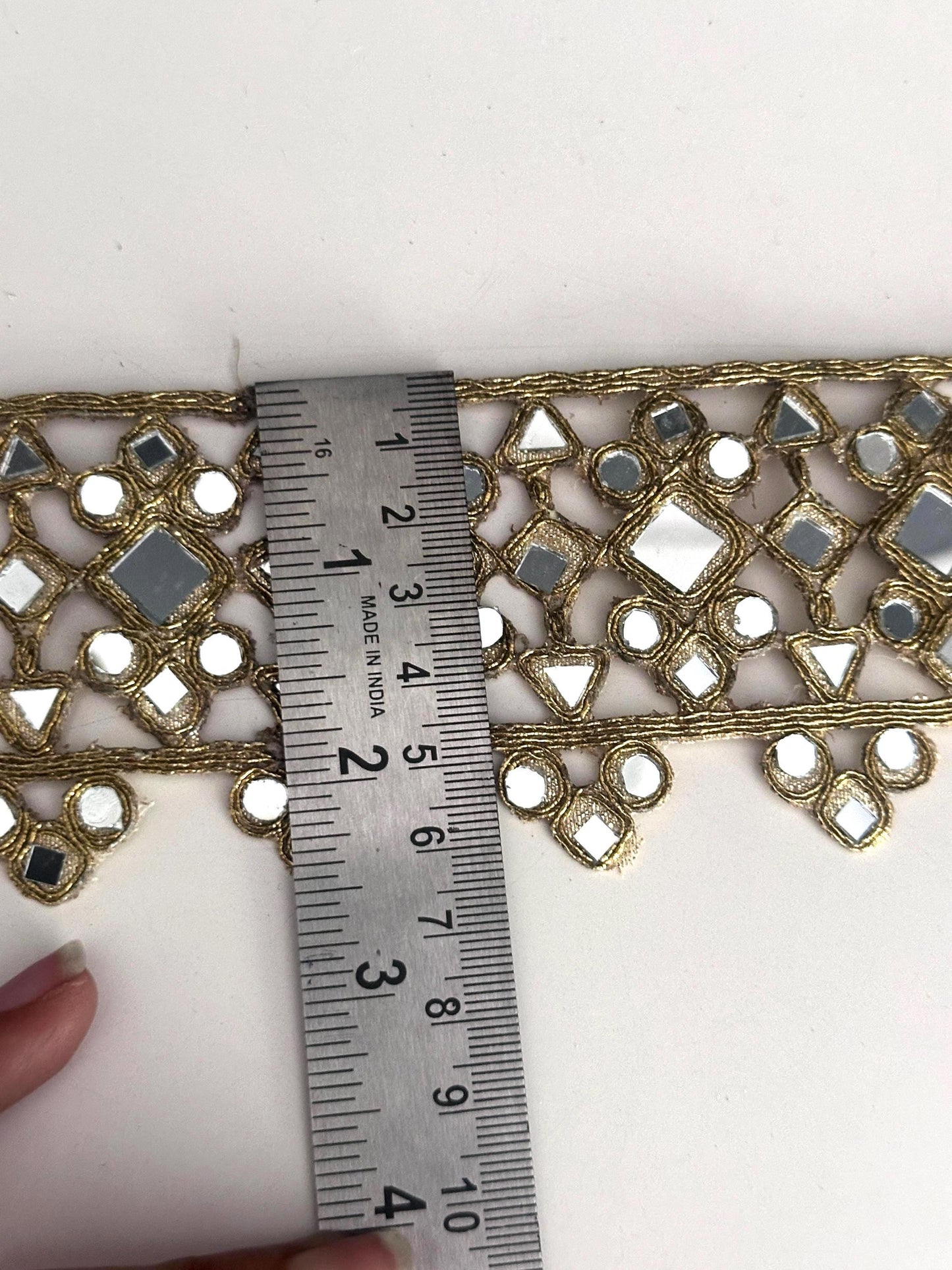 Mirror Work Lace Trim Gold Embroidery Ribbon with Shisha for Sewing Indian Saree Border Ethnic Costume Trim DIY Craft Decorative Mirror