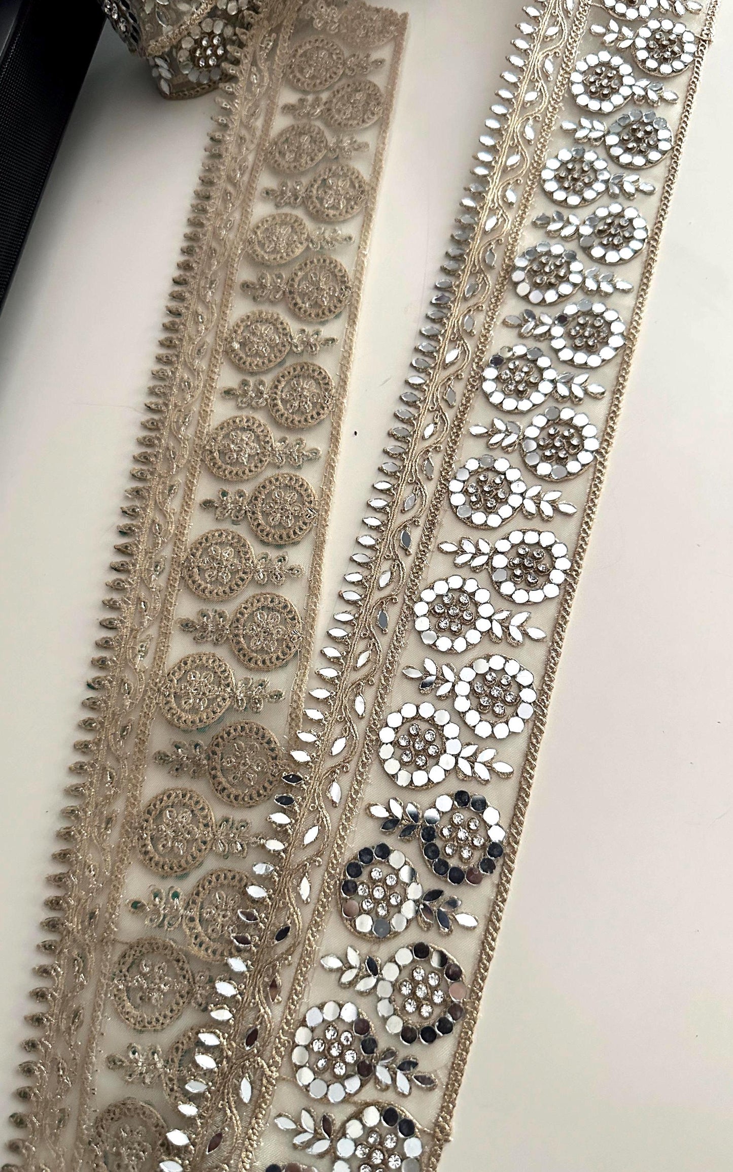 Mirror Work Embroidered Lace Trim Gold Zari Floral Border Ribbon for Saree Dress Costume Wedding Veil Decor Indian Craft Trim by the Yard