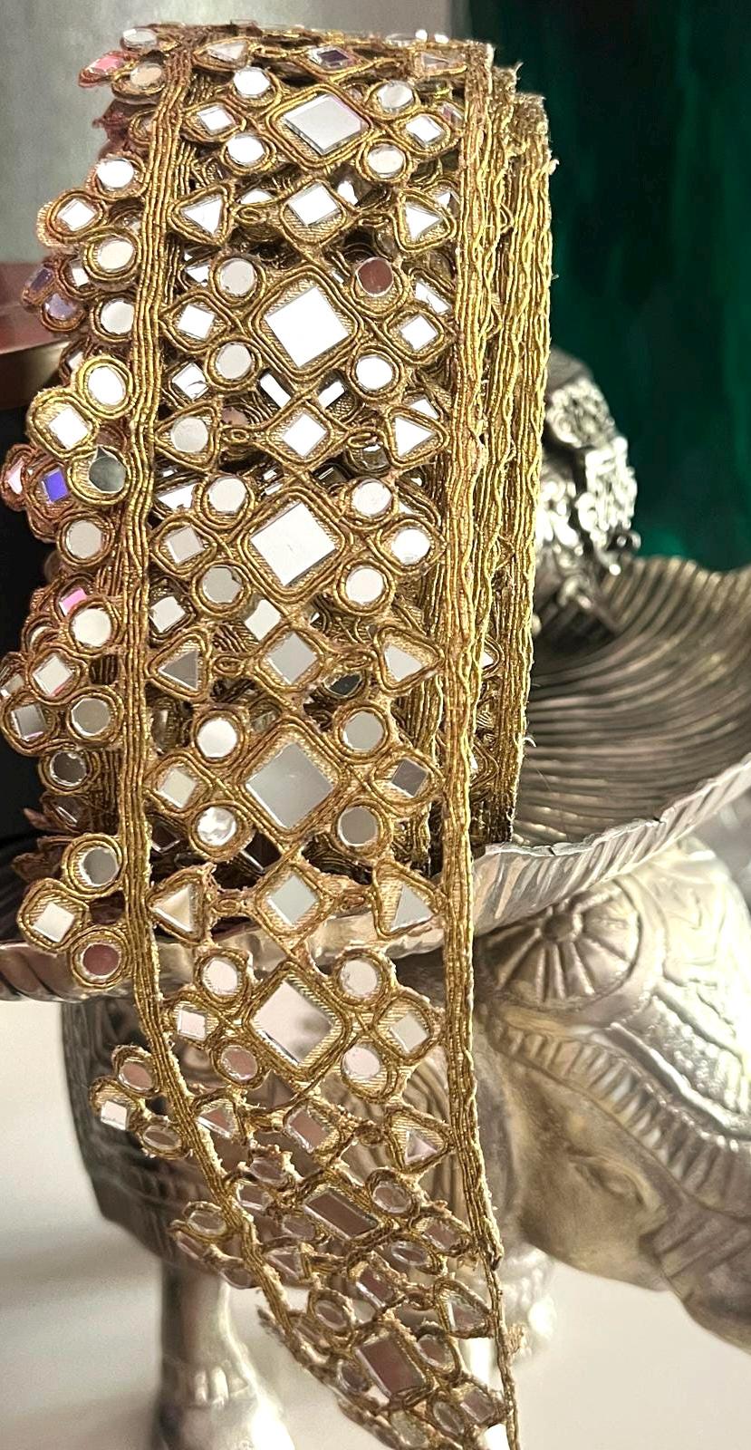 Mirror Work Border Trim Gold Glass Mirror Lace for Belt Saree Lehenga Embroidered Indian Mirror Border for DIY Clothing Jewelry Costumes