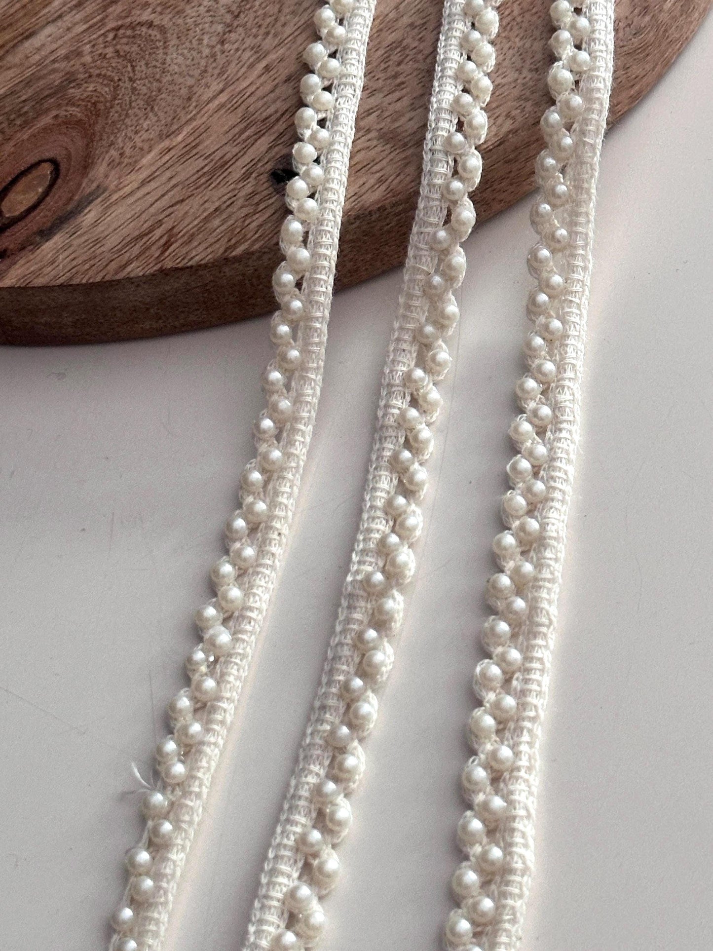 Ivory Pearl Lace Trim for Sewing Beaded Bridal Border for Saree Dress Veil Elegant Pearl Edging Ribbon Trim for DIY Craft & Decor 9mtr