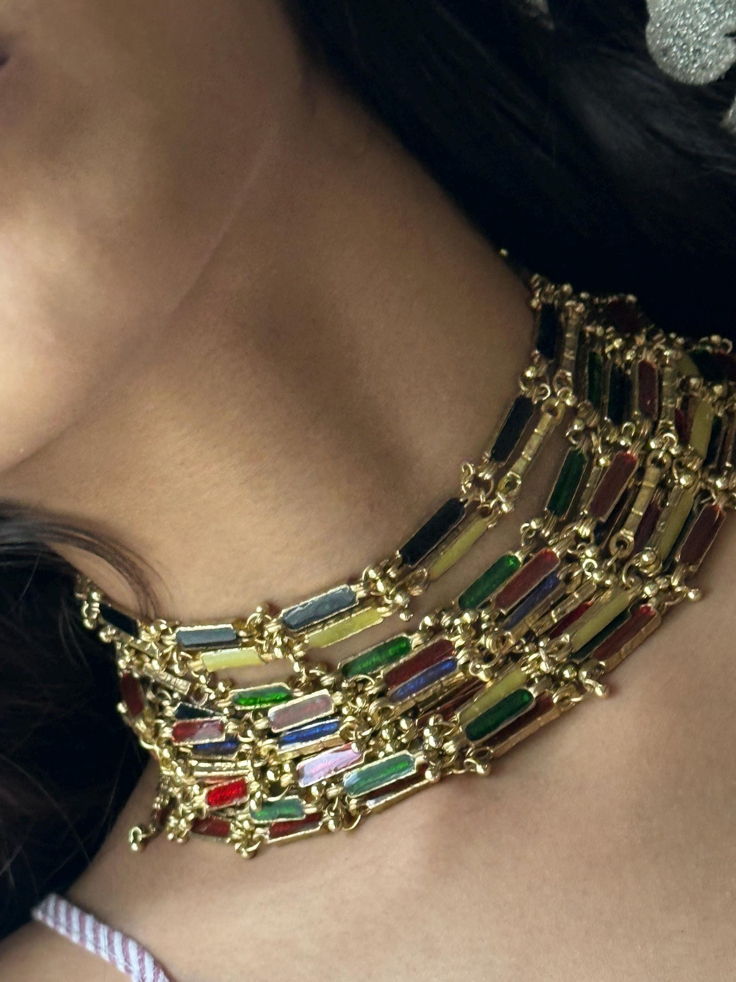 Handmade Multi-Color Enamel Choker Necklace Gold-Plated Festive Statement Jewelry Unique Artisan Gift for Her Indian Ethnic Wedding Jewelry