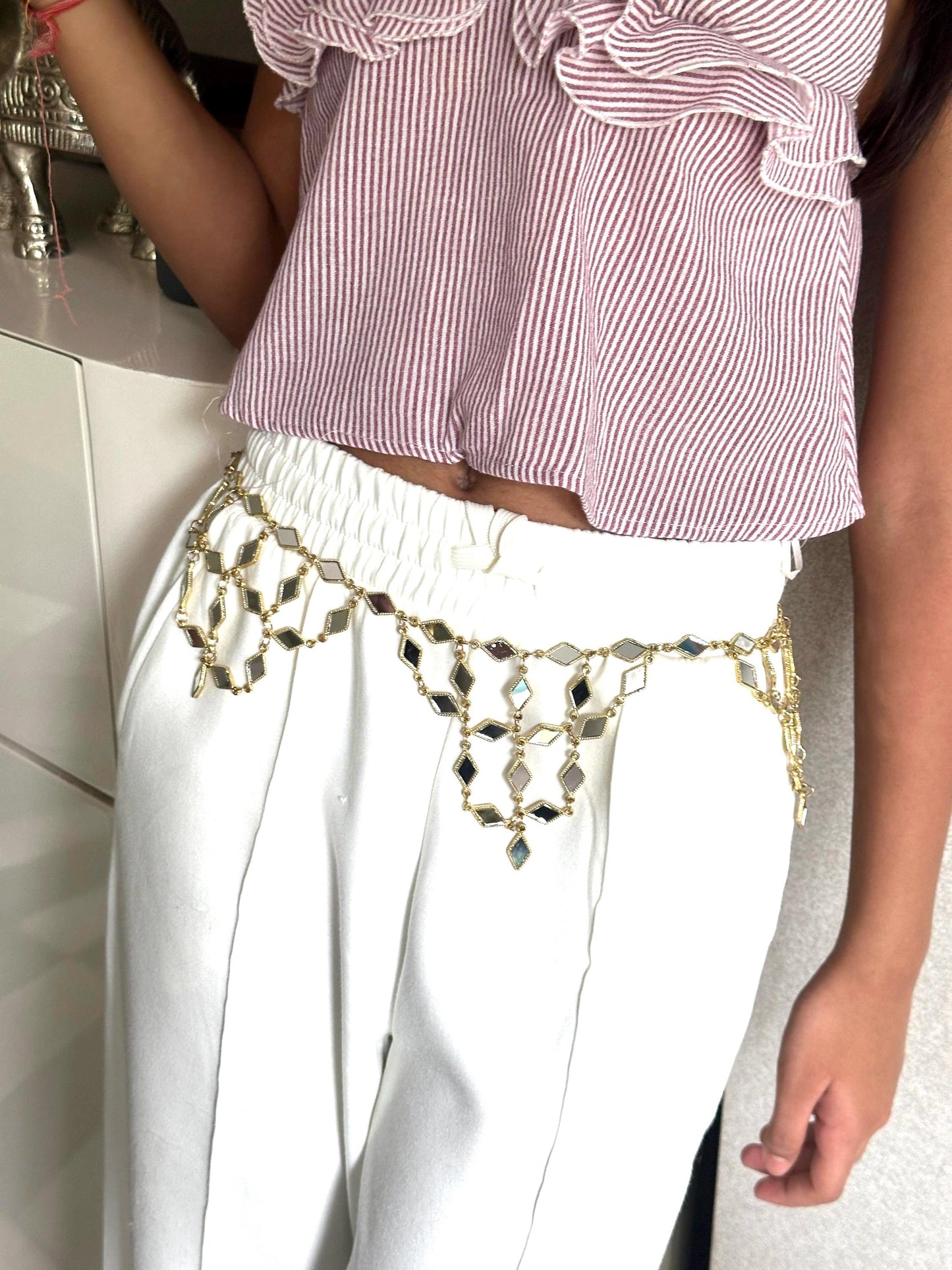 Gold Mirror Drop Chain Belt Adjustable Waist Chain for Dresses, Sarees & Lehengas Bridal Wedding Belt Boho Festival Belly Chain Jewelry