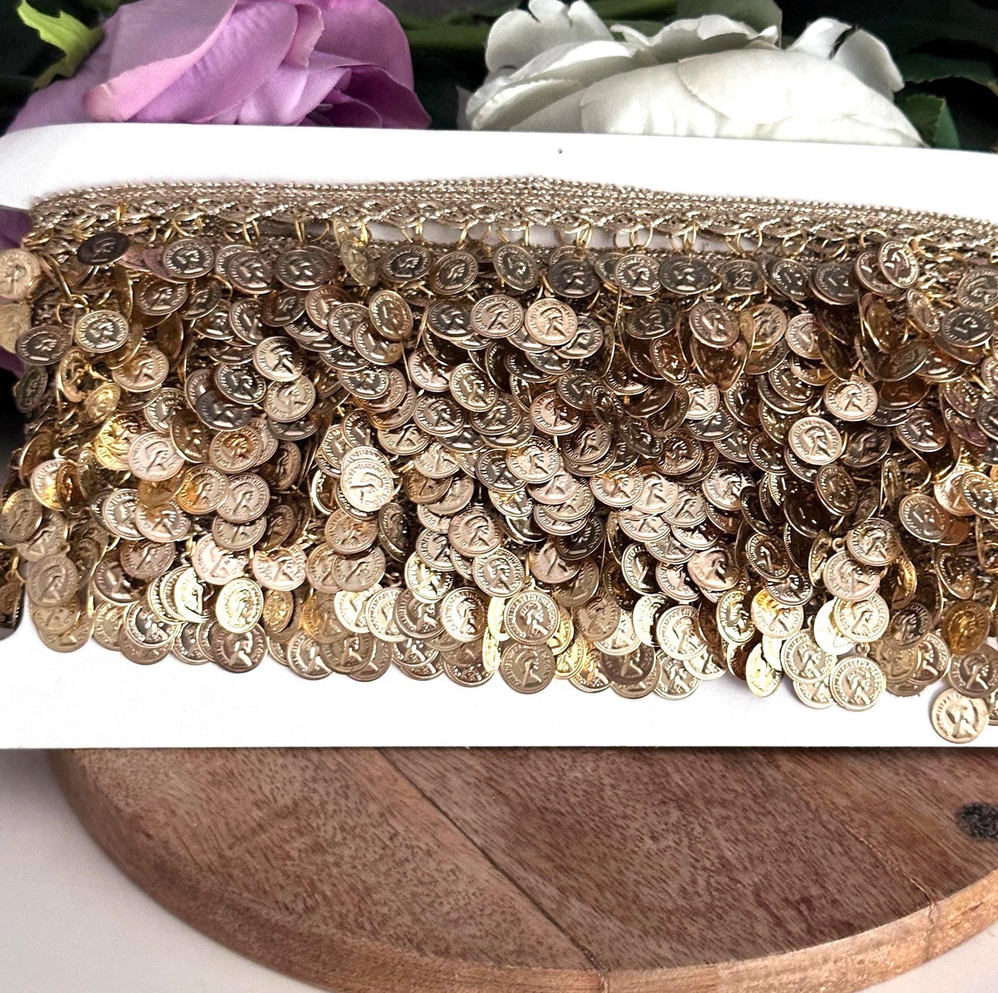 Gold Metal Coin Trim Lace for Belly Dance Boho Waist Belt Festival Skirt Potli Bag Choker Headband DIY Crafting Tribal Jewelry Costume Decor