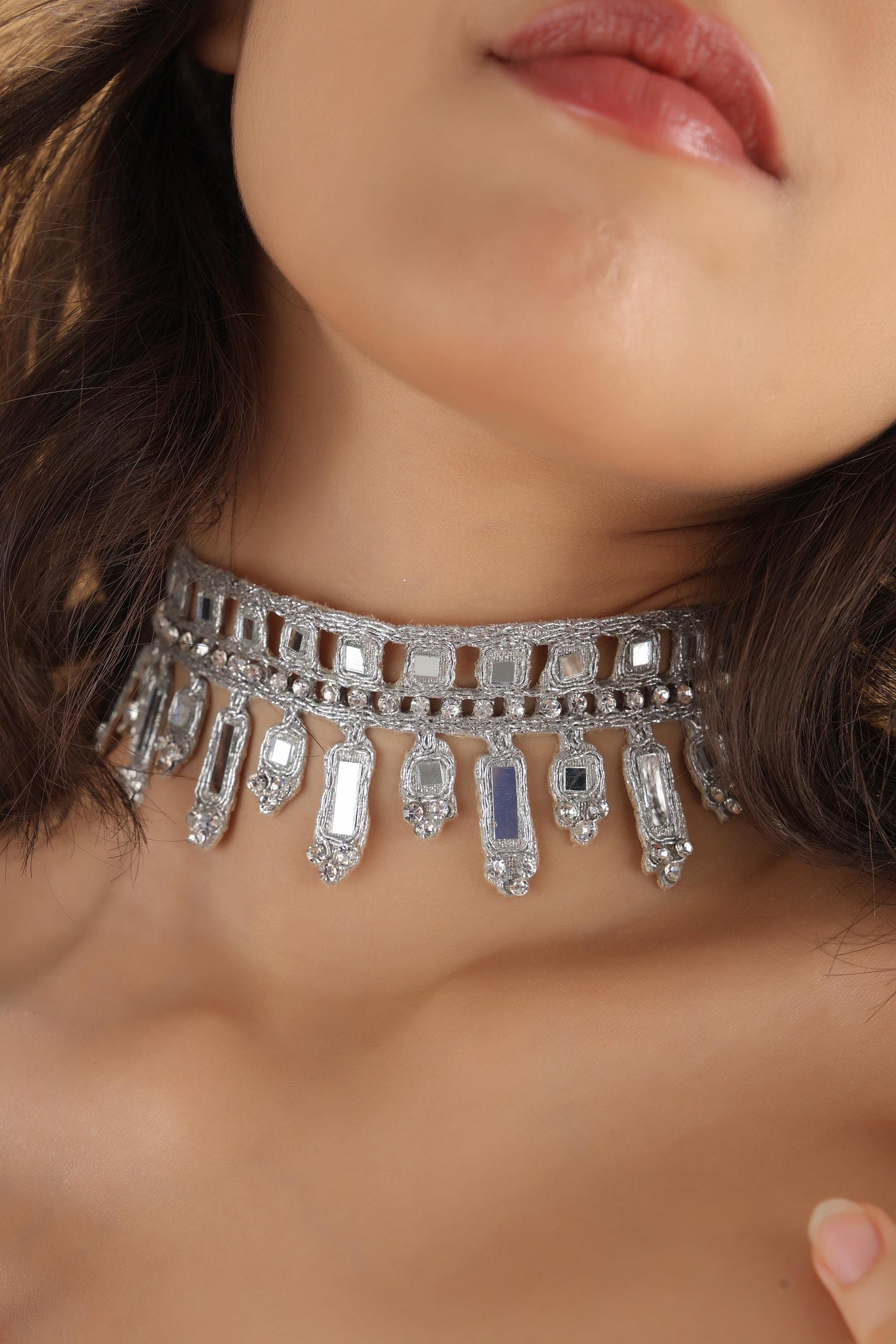 Silver Choker Necklace Zircon Handmade Gothic Lace Choker – Adjustable Fabric Statement Necklace Party Accessory Gift for Her
