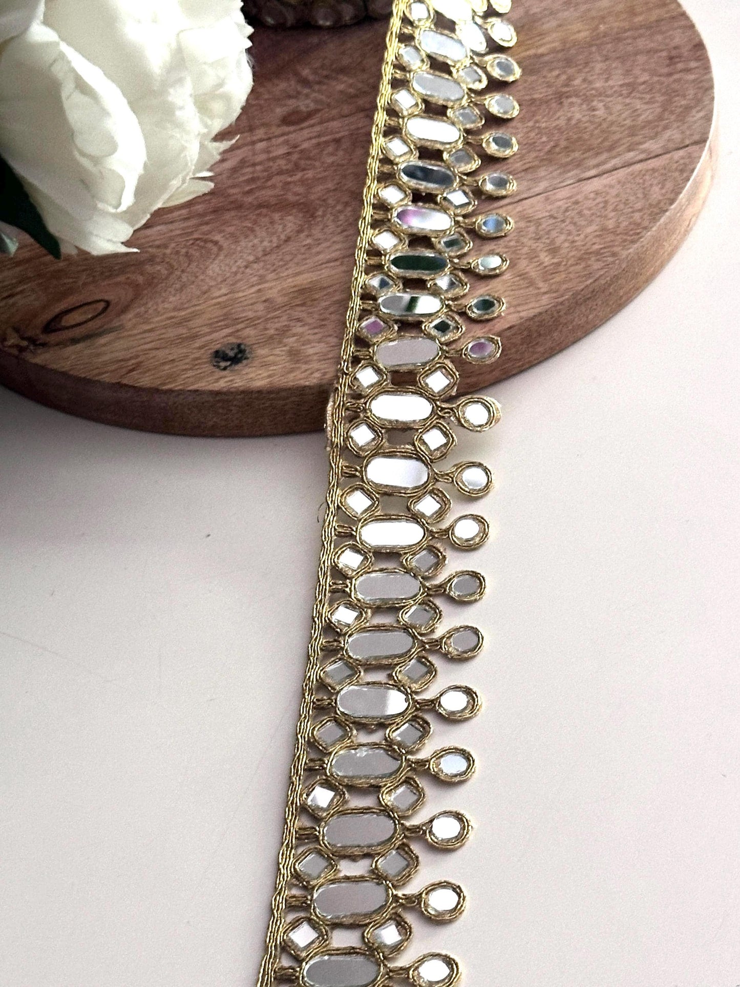 Gold Oval Mirror Lace Trim for Waist Belt Dupatta Costume Design Handcrafted Indian Saree Border Ribbon for DIY Bridal Festival Wear Jewelry