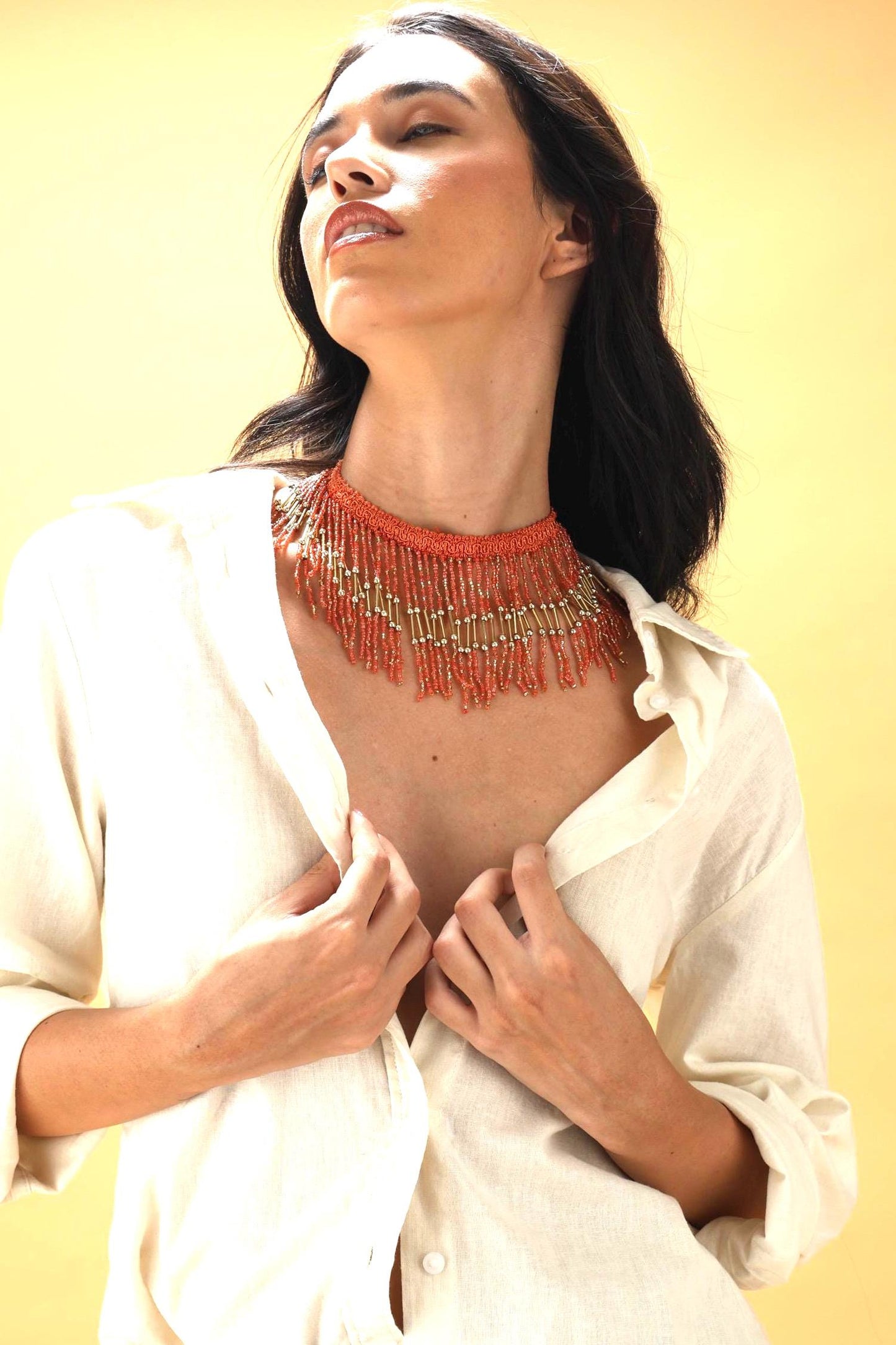 Orange Crystal Tassel Choker – Handmade Boho Statement Necklace – Jhalar Lace Jewelry for Festival & Evening Wear