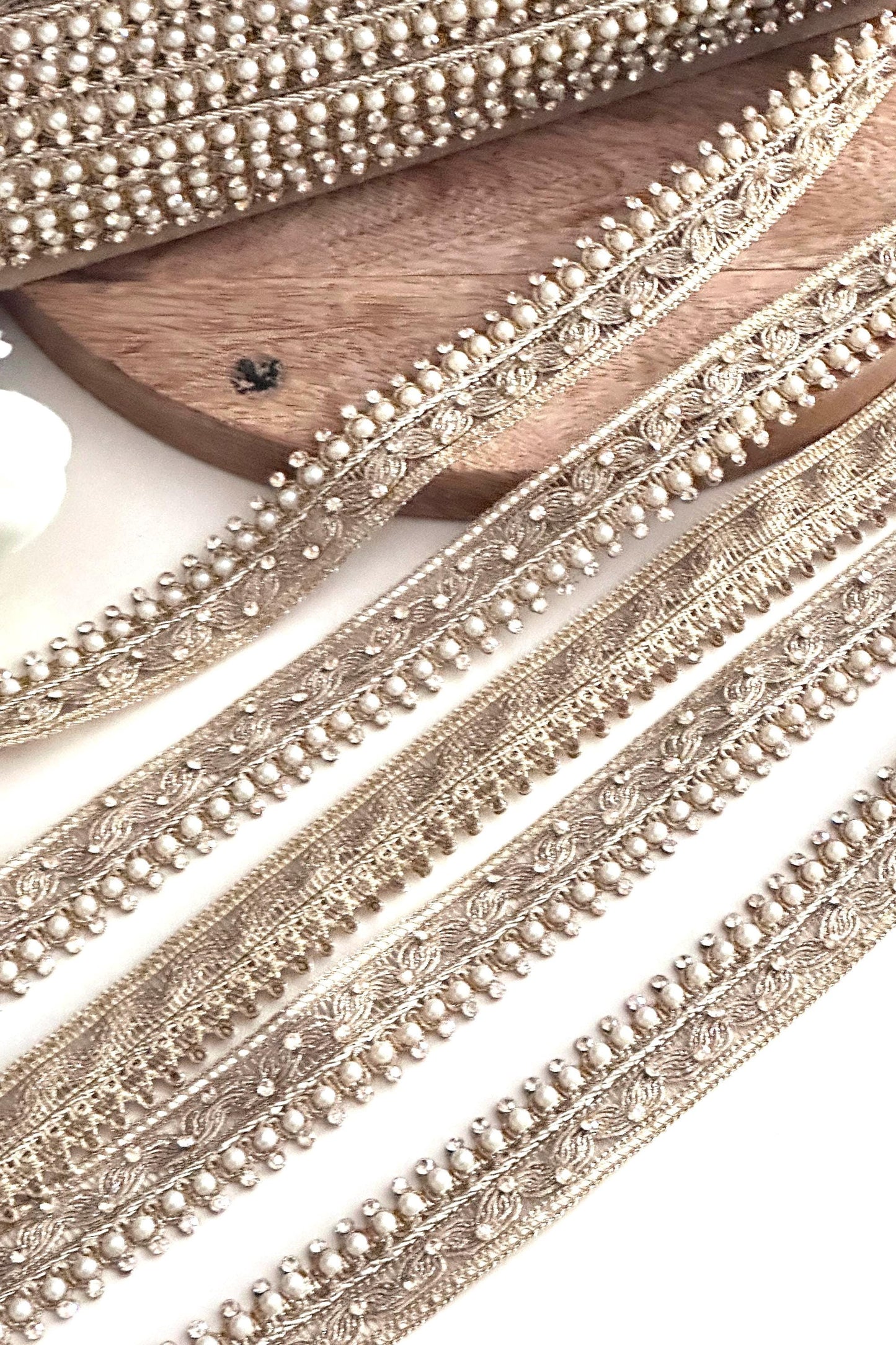 Gold Pearl Beaded Trim Embroidered Lace Saree Border Wedding Dress Trim