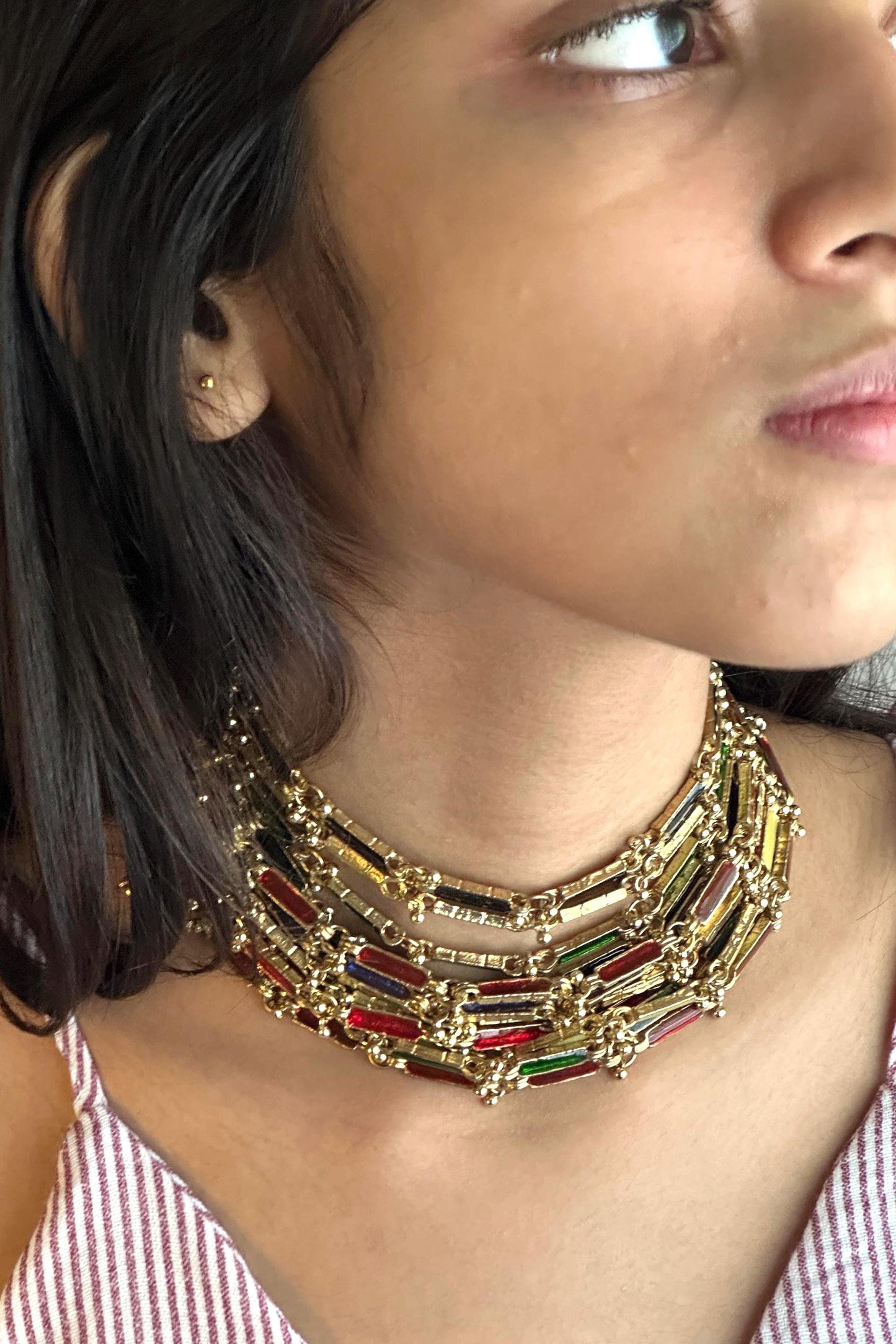 Handmade Multicolor Enamel Choker Necklace Gold Statement Collar Boho Festival Jewelry Colorful Bridal Choker Ethnic Wedding Necklace Gift