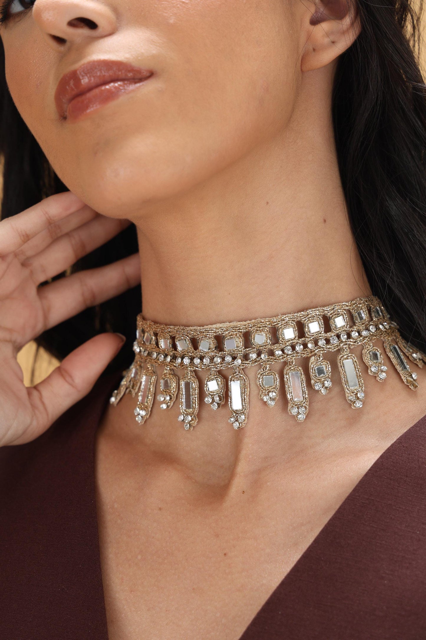 Handmade Mirror Choker with Silver Rhinestones Gold Statement Necklace with Crystal Drops Boho Festival & Evening Wear Jewelry