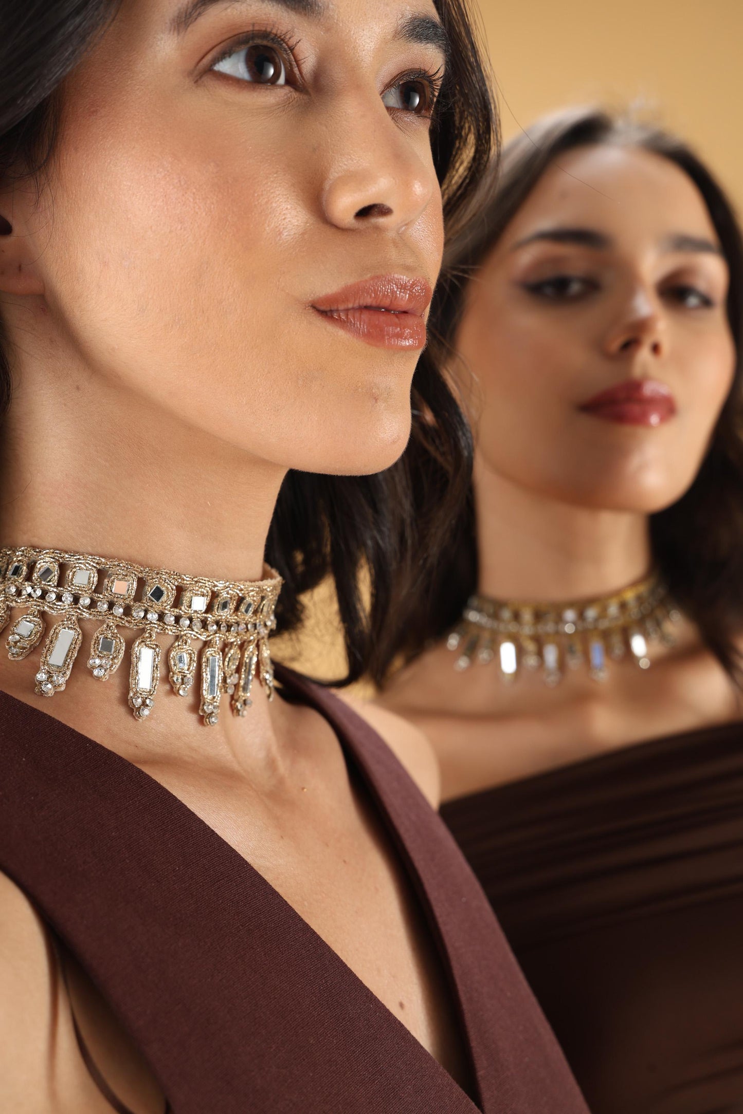 Mirror Crystal Choker Necklace – Handmade Gothic Lace Statement Jewelry – Gold & Rose Gold Metallic Thread – Adjustable Gift for Her