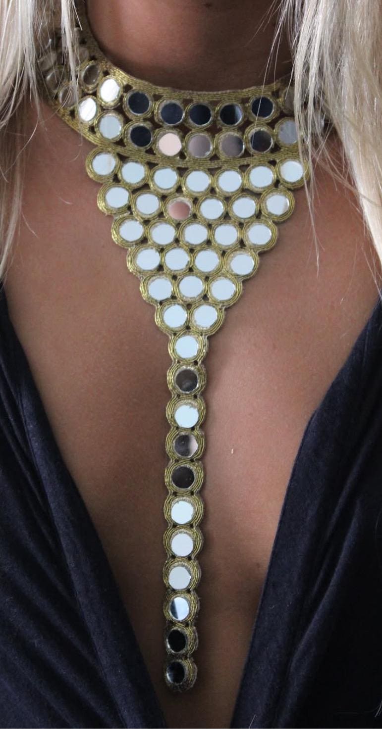 Hand Embroidered Mirror Work Neck Applique Boho Silver & Gold Body Jewelry Yoke Patch Mirror Crystal Embellishment for Dress Gown Costume
