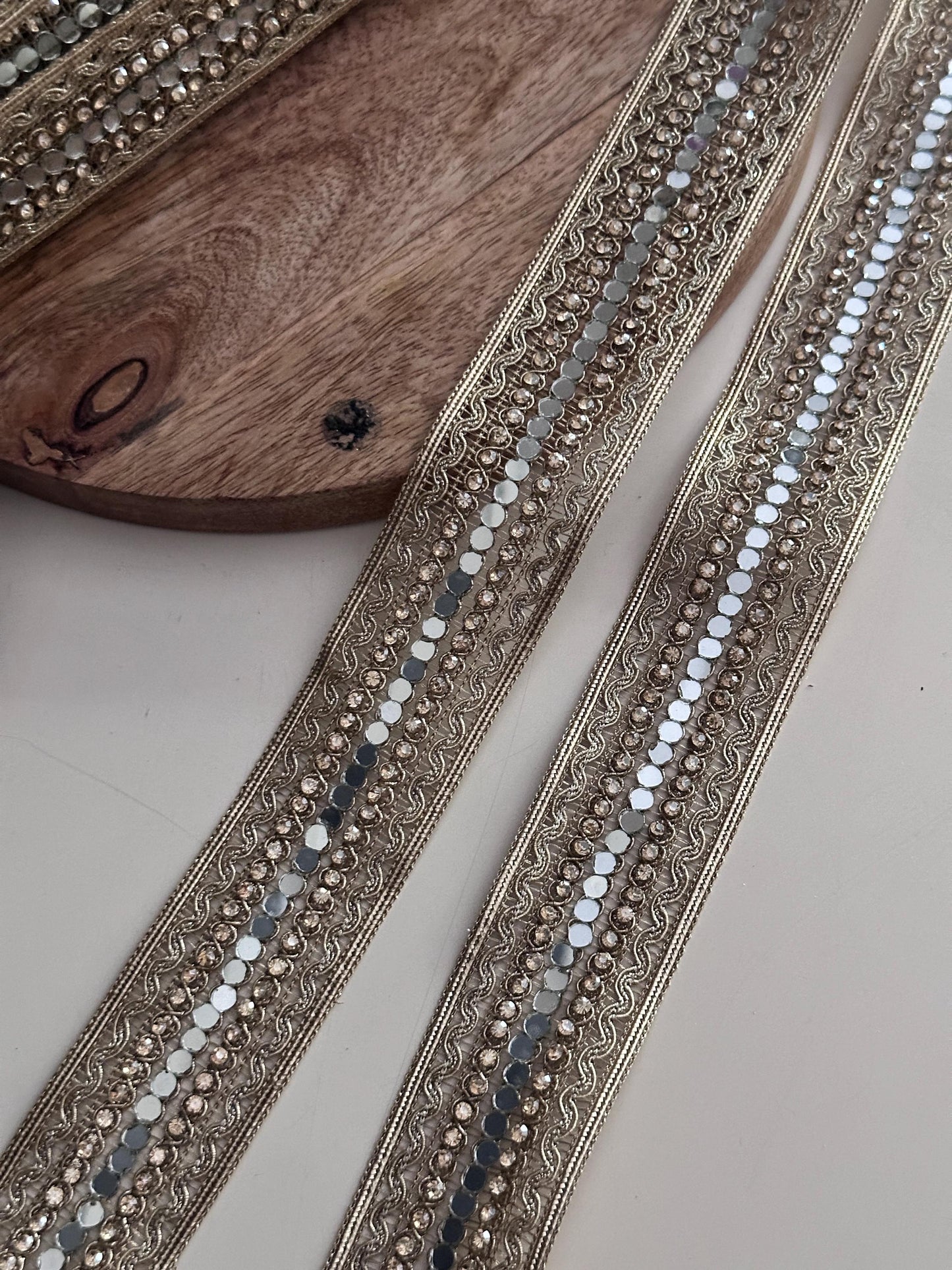 Gold Mirror Crystal Lace Trim Designer Embellished Border for Costume Couture Fashion Wedding Decor Boho DIY Craft Festival Wear Jewelry