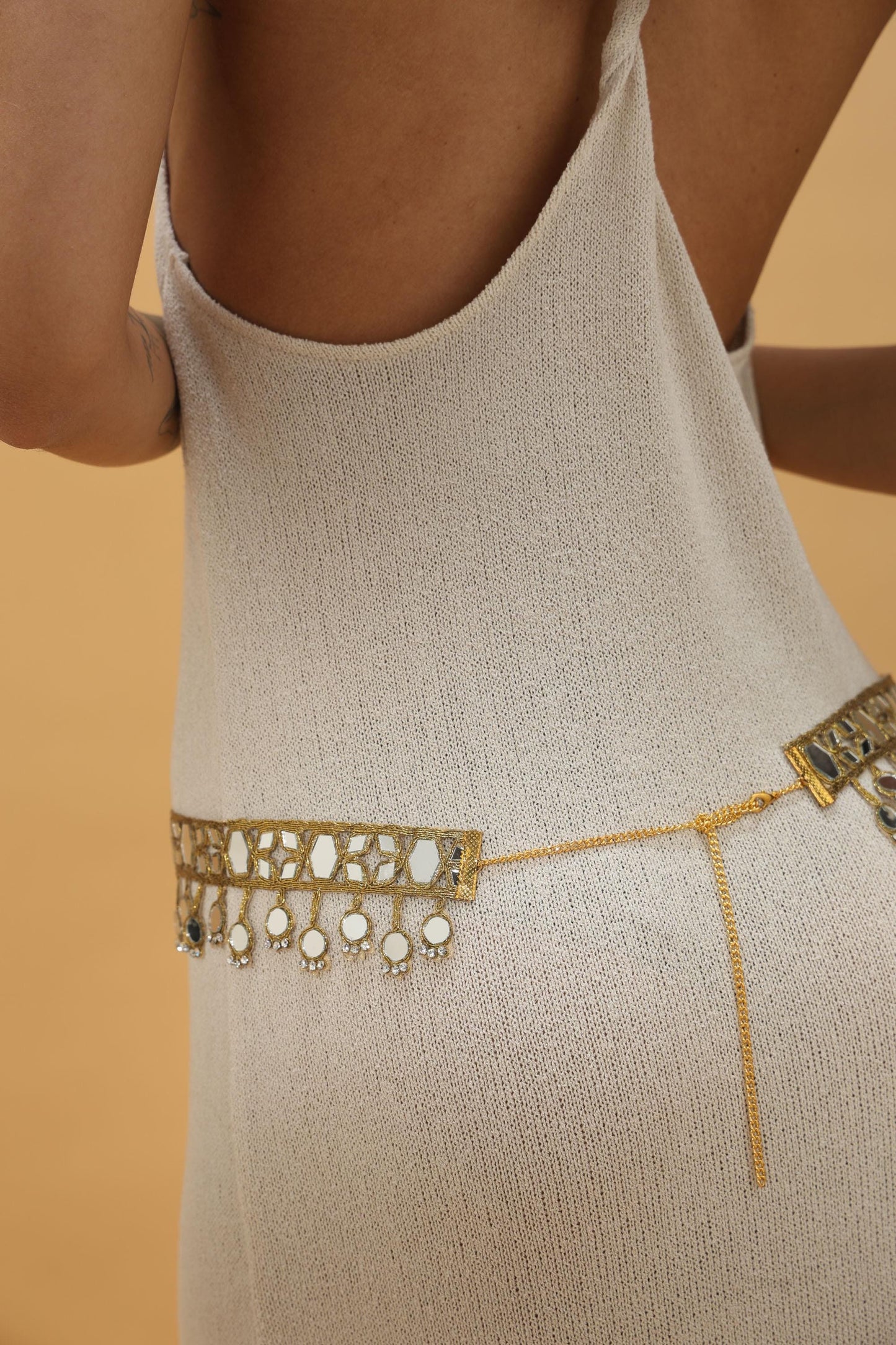 Boho Mirror Crystal Choker Belt Armlet Set for Saree Dress Jumpsuit - Bridal Gold Waist Jewelry Fun Party Accessory Unique Gift For Her