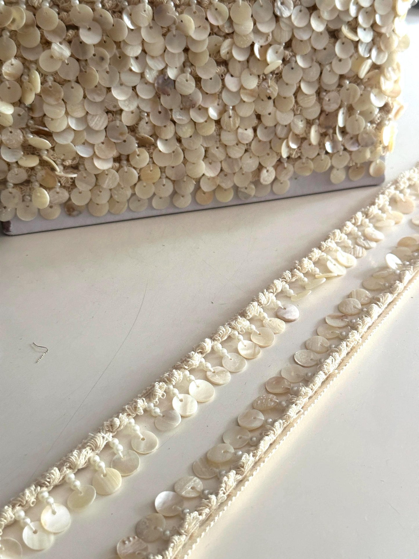 Natural Shell Sequin Lace Trim with Pearls Ivory Macrame Border for Bridal Boho Beachwear DIY Craft & Accessories