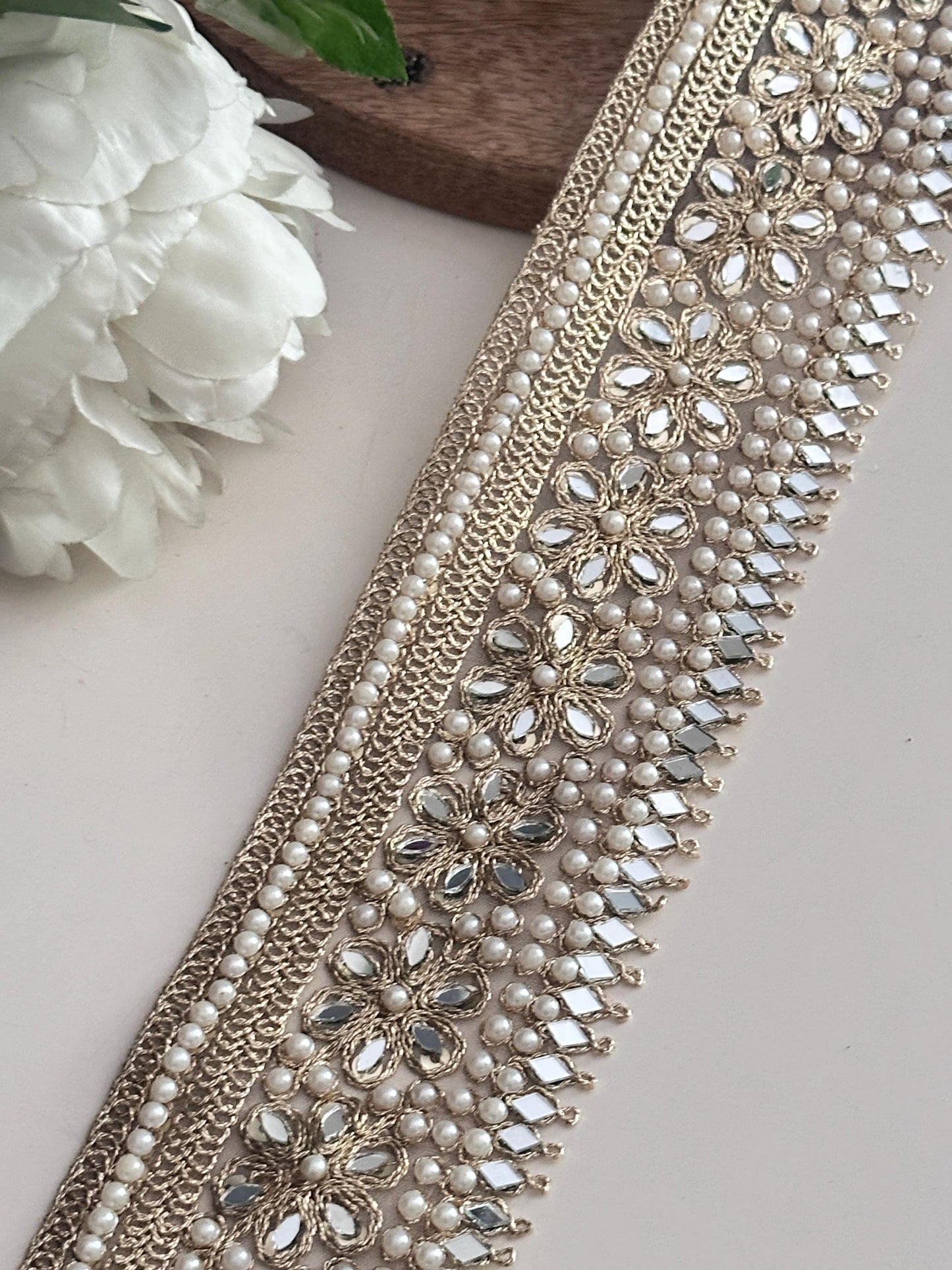 Gold Floral Pearl Trim with Mirror Work Beaded Embellished Lace Saree Border Decorative Ribbon for Saree Sewing Costumes Bridal & DIY Craft