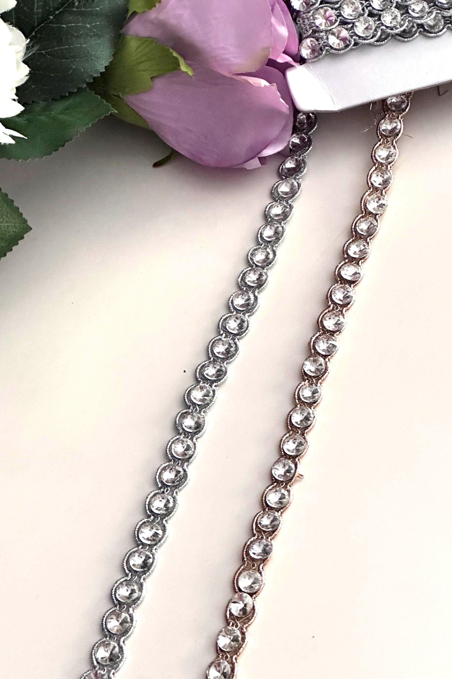Silver Rose Gold Rhinestone Chain Trim Crystal Cup Chain for Costume Edging Lace Jewelry Design Making Bridal Decor Ribbo DIY Sewing Project