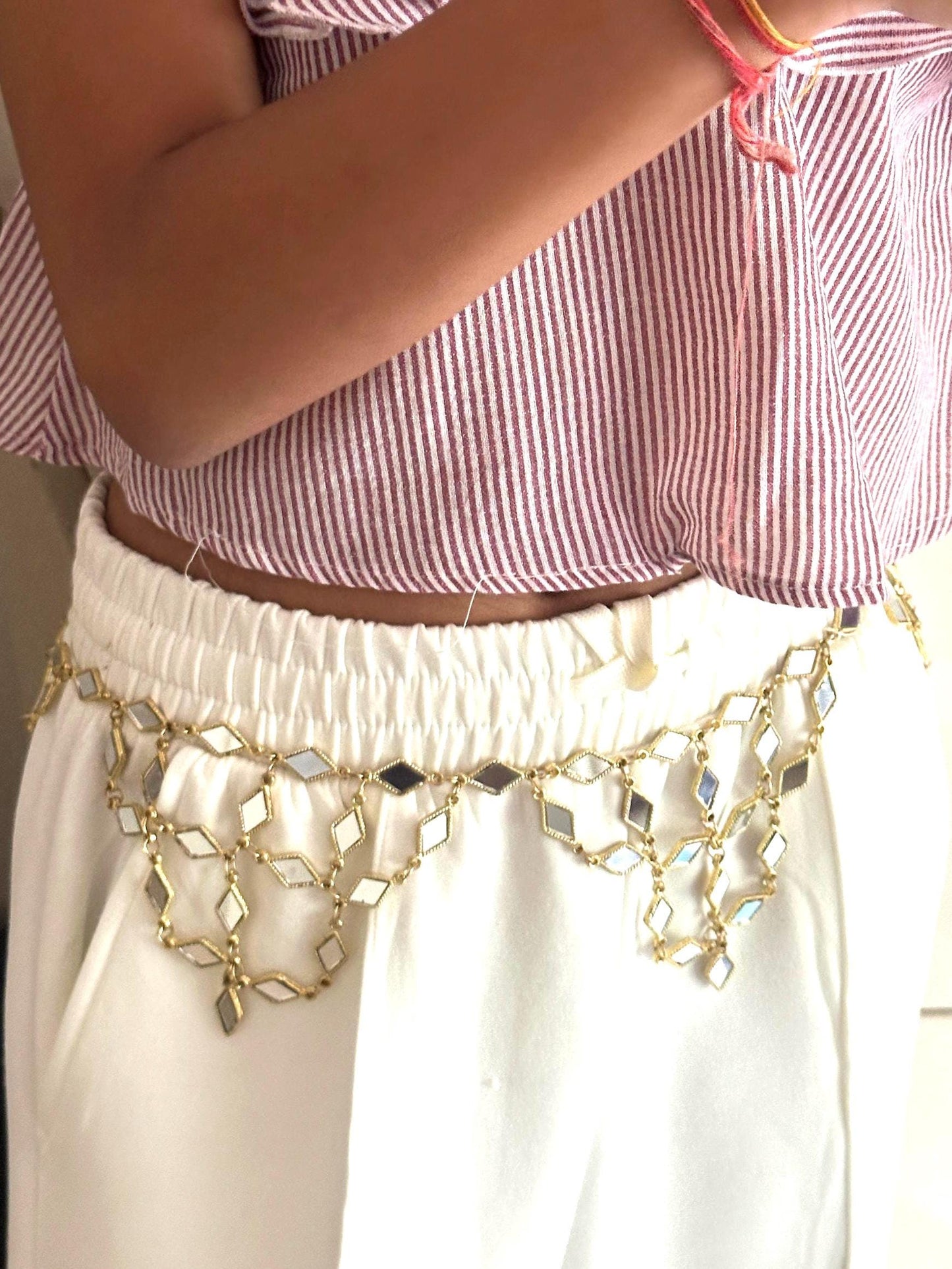 Gold Mirror Drop Chain Belt Adjustable Waist Chain for Dresses, Sarees & Lehengas Bridal Wedding Belt Boho Festival Belly Chain Jewelry