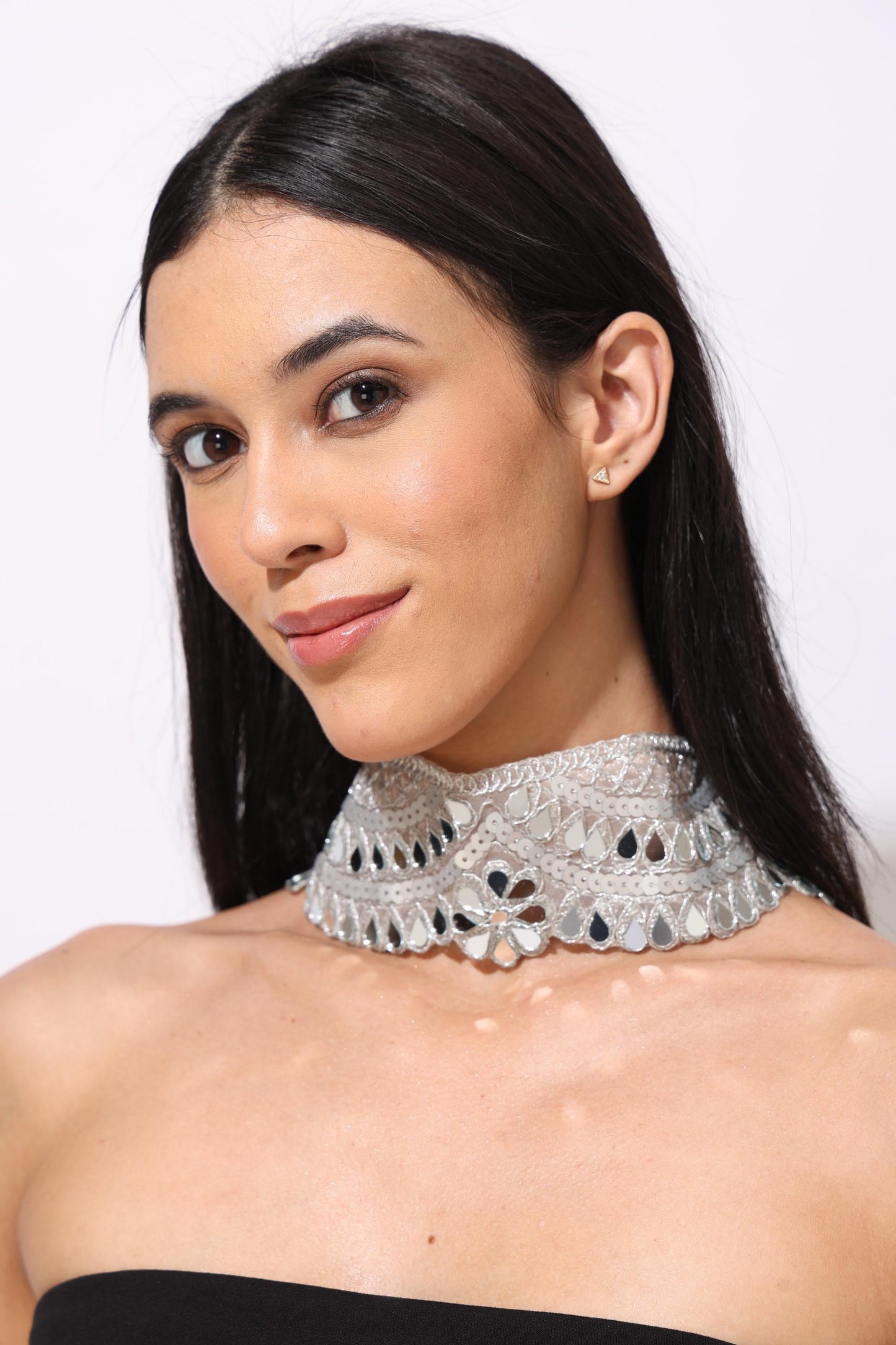Silver Gothic Lace Choker –Mirror Crystal Handmade Statement Necklace – Adjustable Fabric Party Jewelry for Women – Gift for Her