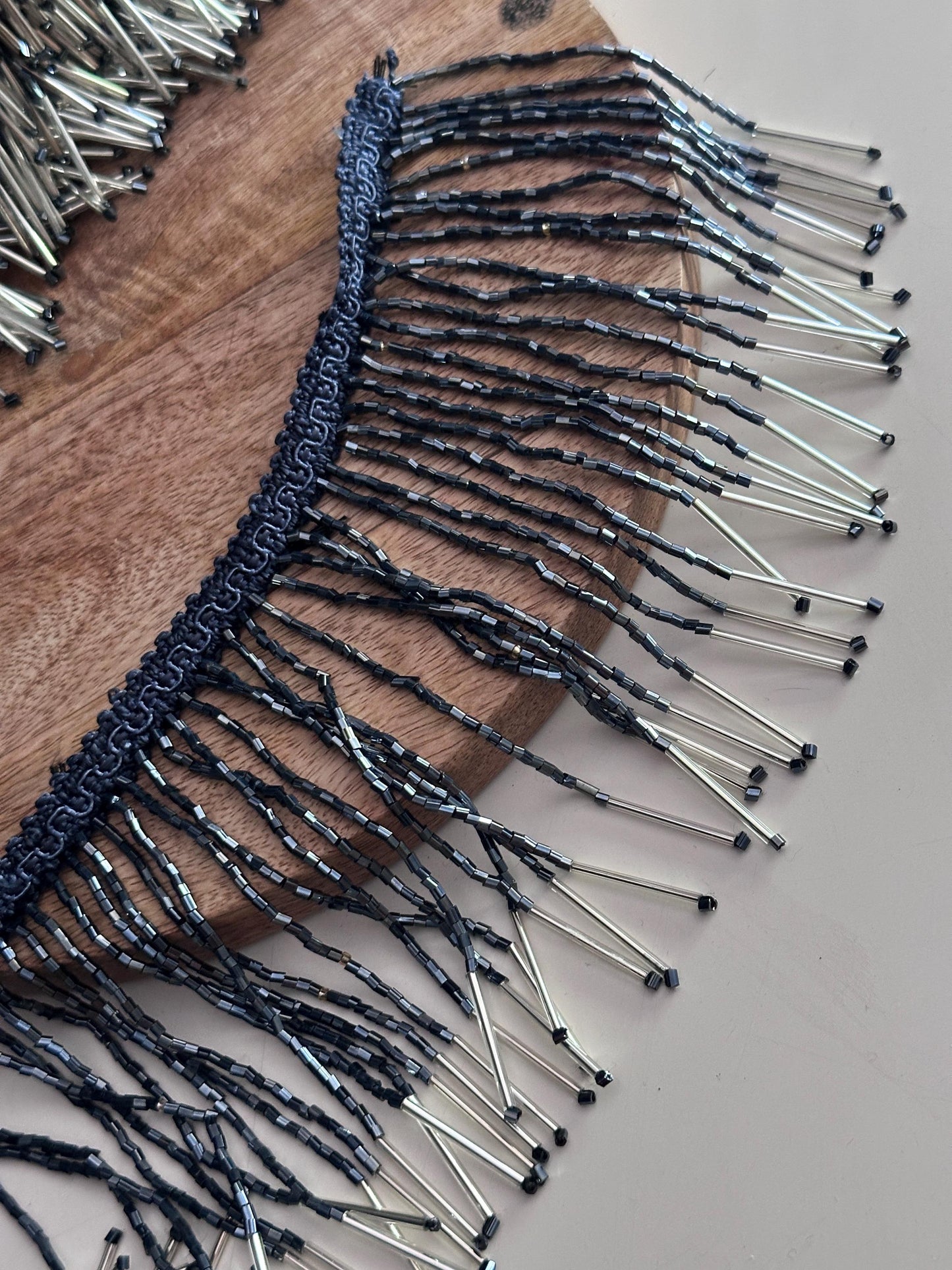 Blue Beaded Fringe Trim with Silver Bugle Beads 5.5inch Tassel Lace for Beaded Jewelry Dress Belly Dance DIY Costume Jacket Home Decor