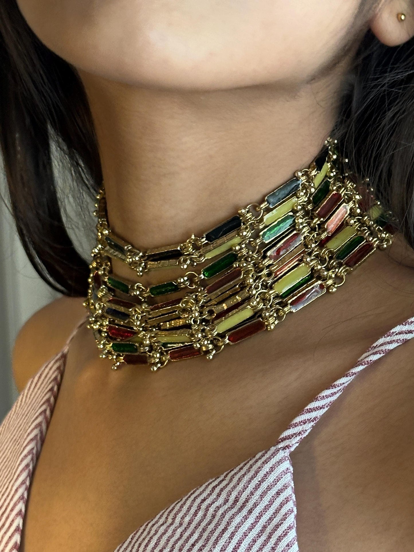 Handmade Multi-Color Enamel Choker Necklace Gold-Plated Festive Statement Jewelry Unique Artisan Gift for Her Indian Ethnic Wedding Jewelry