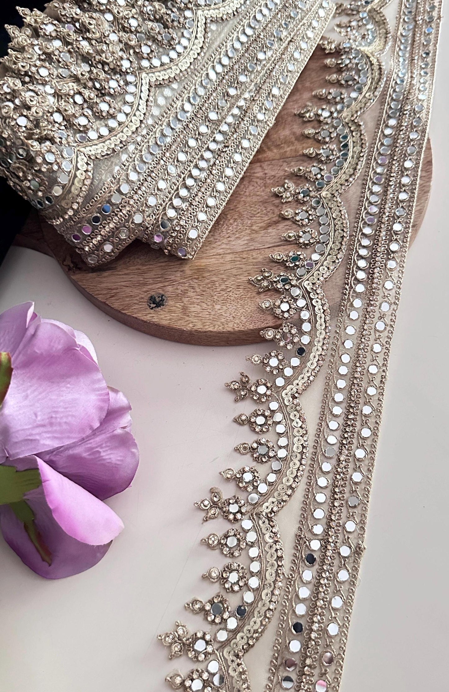 Luxury Mirror Work Gold Trim for Bridal Gown Lehenga Saree Dupatta Sequin Embroidered Indian Lace Border for Wedding Dress Blouse DIY Craft