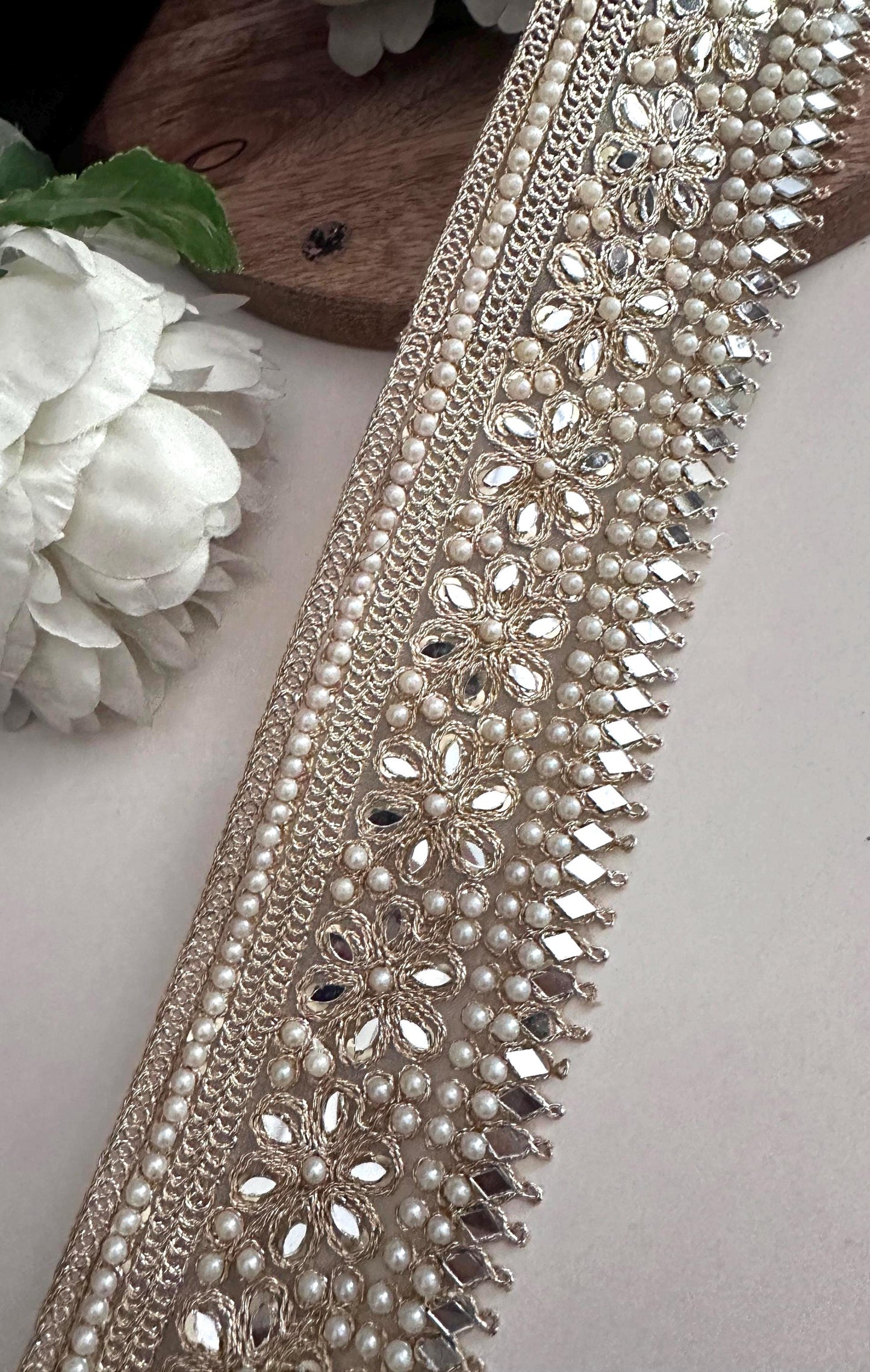 Gold Floral Pearl Trim with Mirror Work Beaded Embellished Lace Saree Border Decorative Ribbon for Saree Sewing Costumes Bridal & DIY Craft
