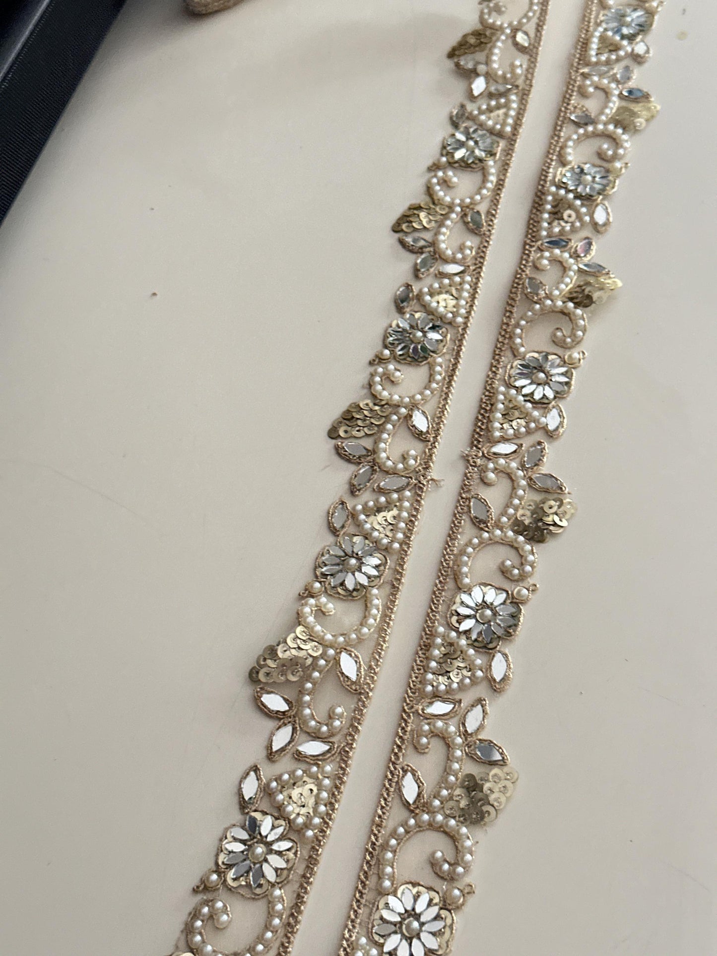 Gold Mirror Lace Trim with Pearls Floral Sequin Hand Embroidered Border for Saree Lehenga Dupatta Wedding Veil DIY Jewelry & Decor