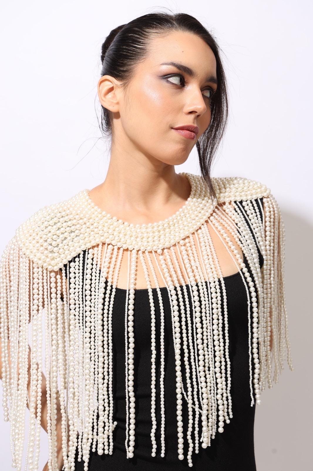 Pearl Beaded Shoulder Cape Bridal Fringe Capelet Handmade Pearl Shoulder Jewelry Wedding Dress Cover Up Statement Shoulder Accessory