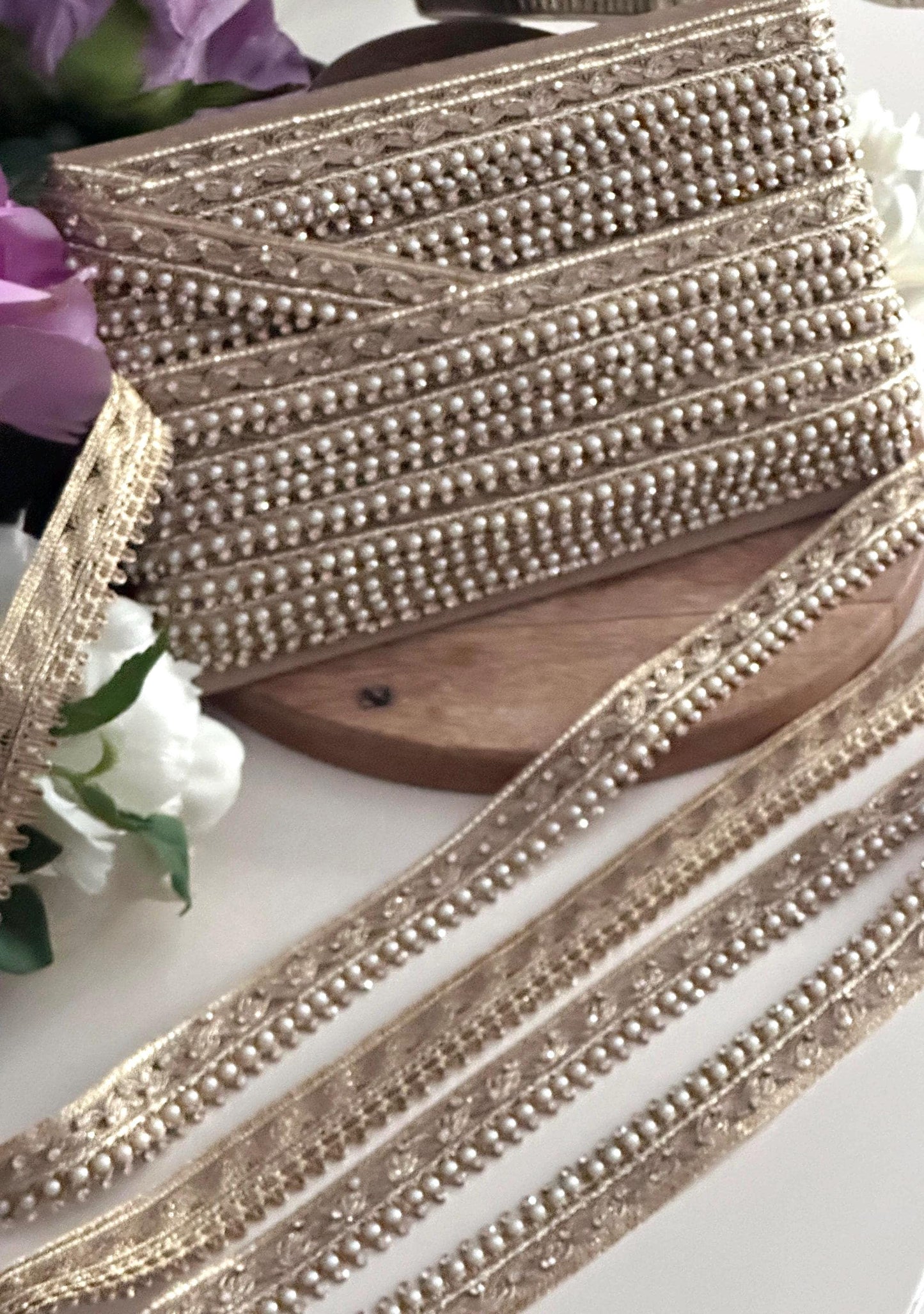 Pearl Beaded Dress Trim Gold