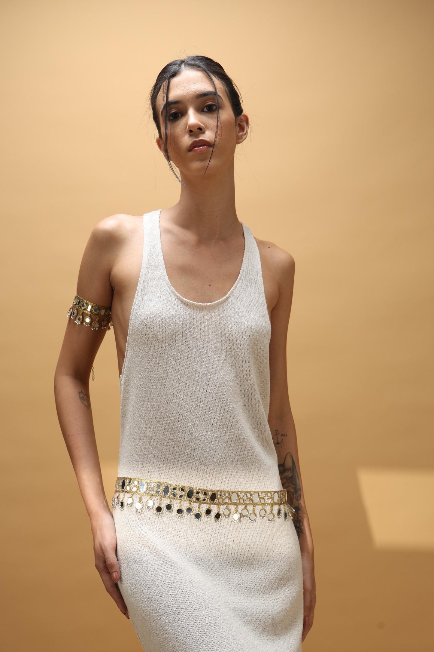 Boho Mirror Crystal Choker Belt Armlet Set for Saree Dress Jumpsuit - Bridal Gold Waist Jewelry Fun Party Accessory Unique Gift For Her