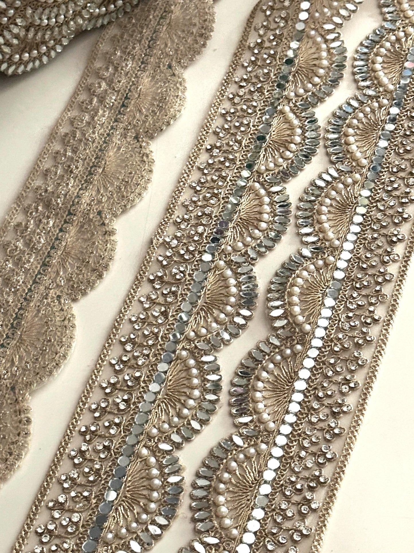 Scallop Mirror Pearl Lace Trim Gold Embroidered Bridal Border for Veils Sarees, Wedding Costumes & Decor Handmade Indian Ribbon 3 Inch