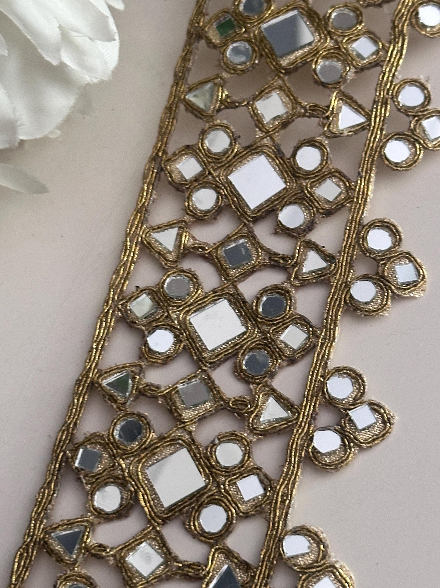 Mirror Work Lace Trim Gold Embroidery Ribbon with Shisha for Sewing Indian Saree Border Ethnic Costume Trim DIY Craft Decorative Mirror