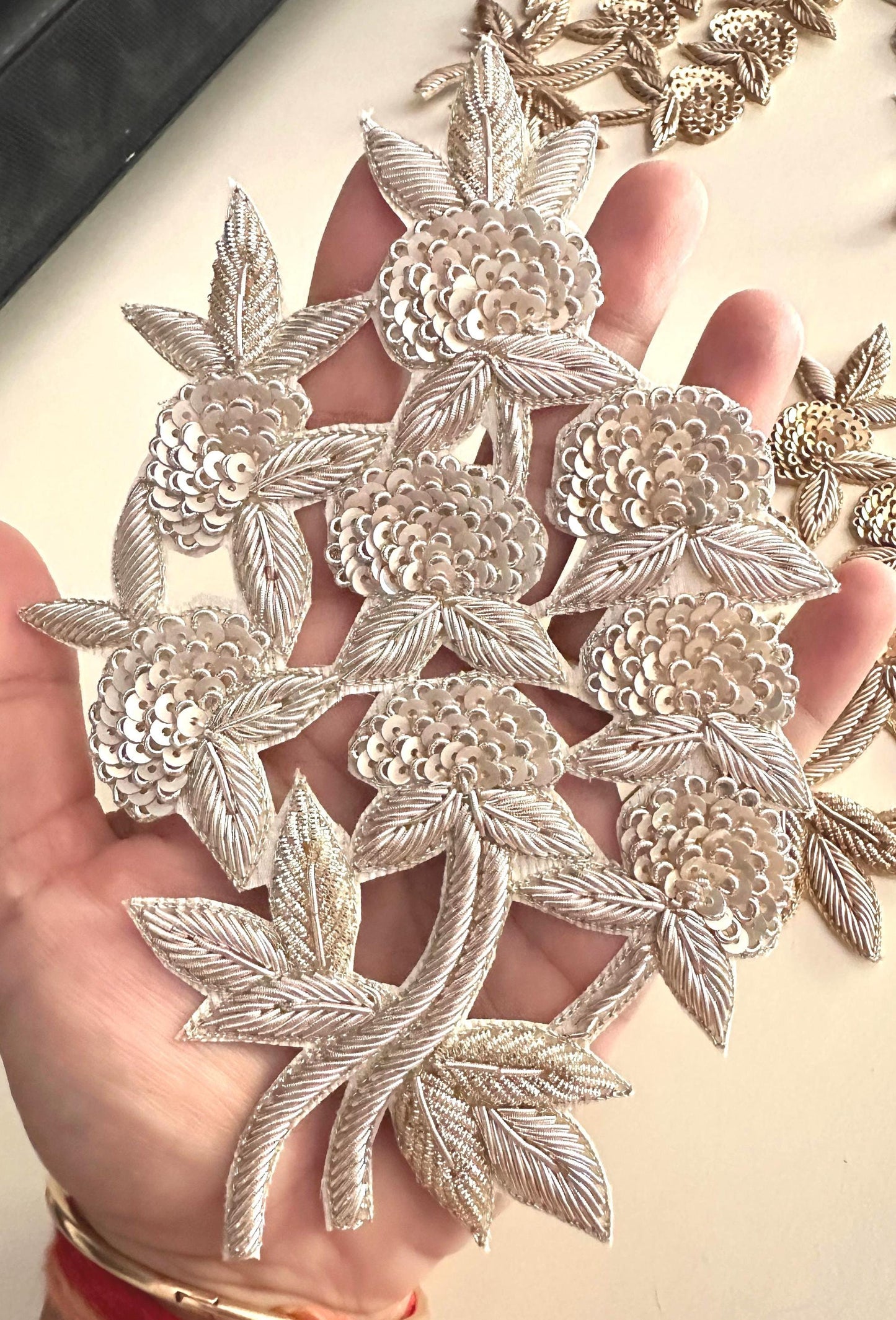 Zardozi Floral Embroidery Appliqué Handmade Sequin Patch For Bridal Dress Saree Designer Couture Gown Designer Jacket Indian Artisan Motif