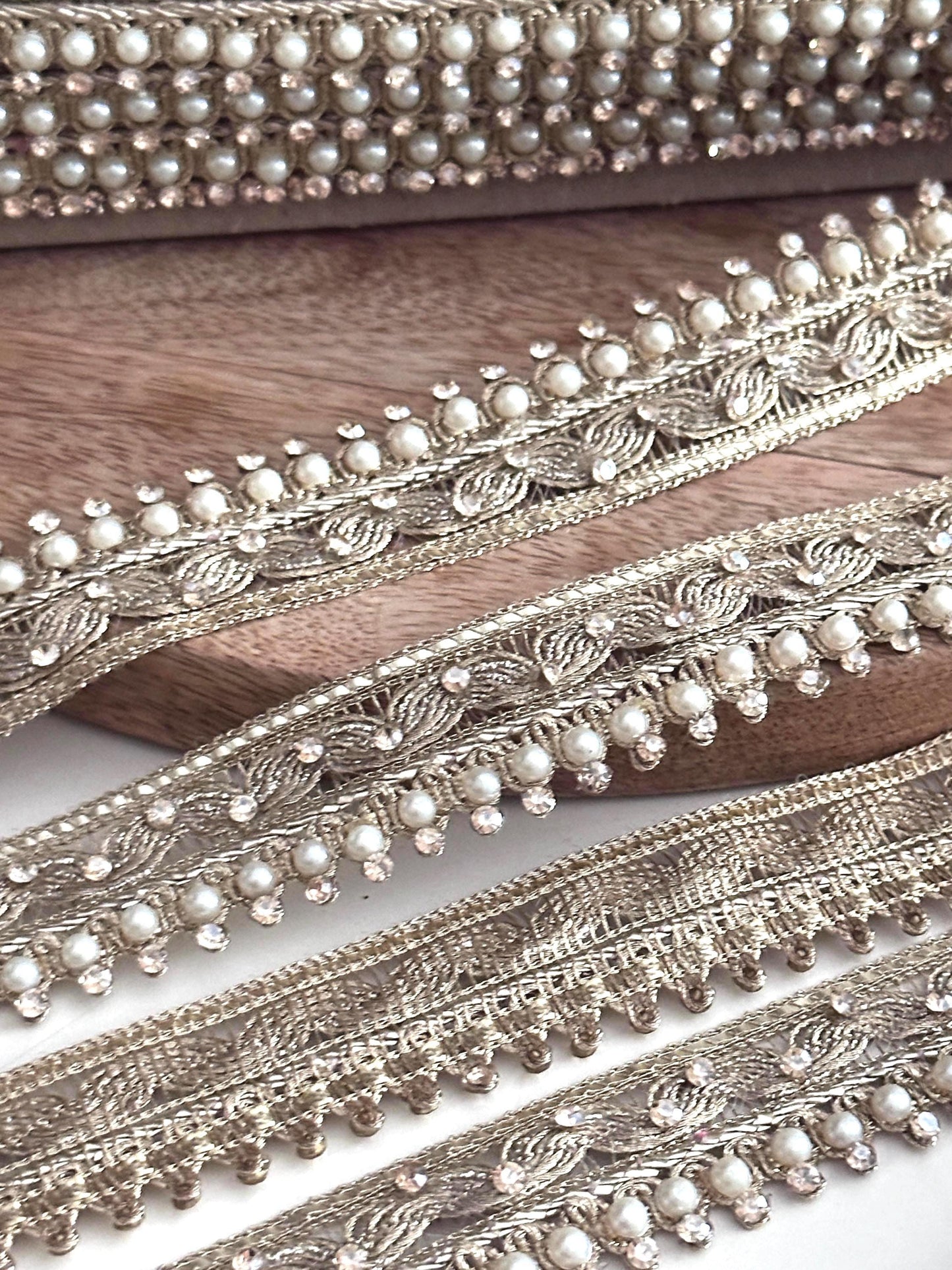 Gold Pearl Beaded Trim Embroidered Lace Saree Border Wedding Dress Trim