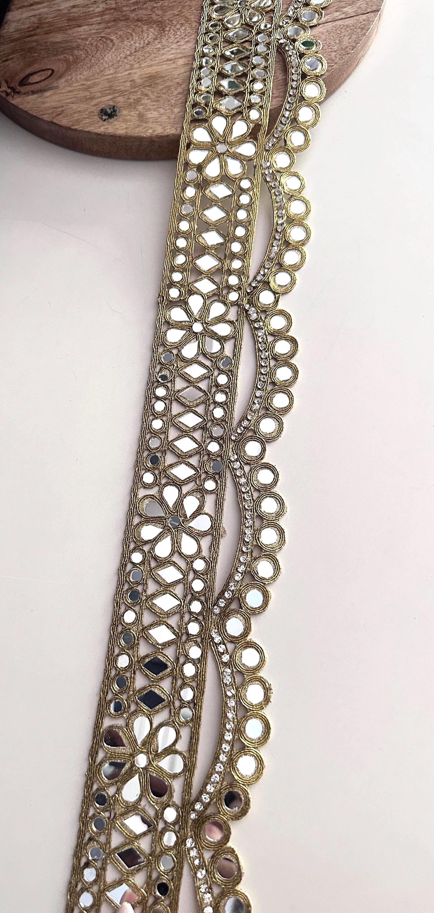 Gold Floral Mirror Lace Trim with Rhinestone Zircon Wide Indian Border for Bridal Belt Festival Cinturone DIY Costume Making & Dancewear