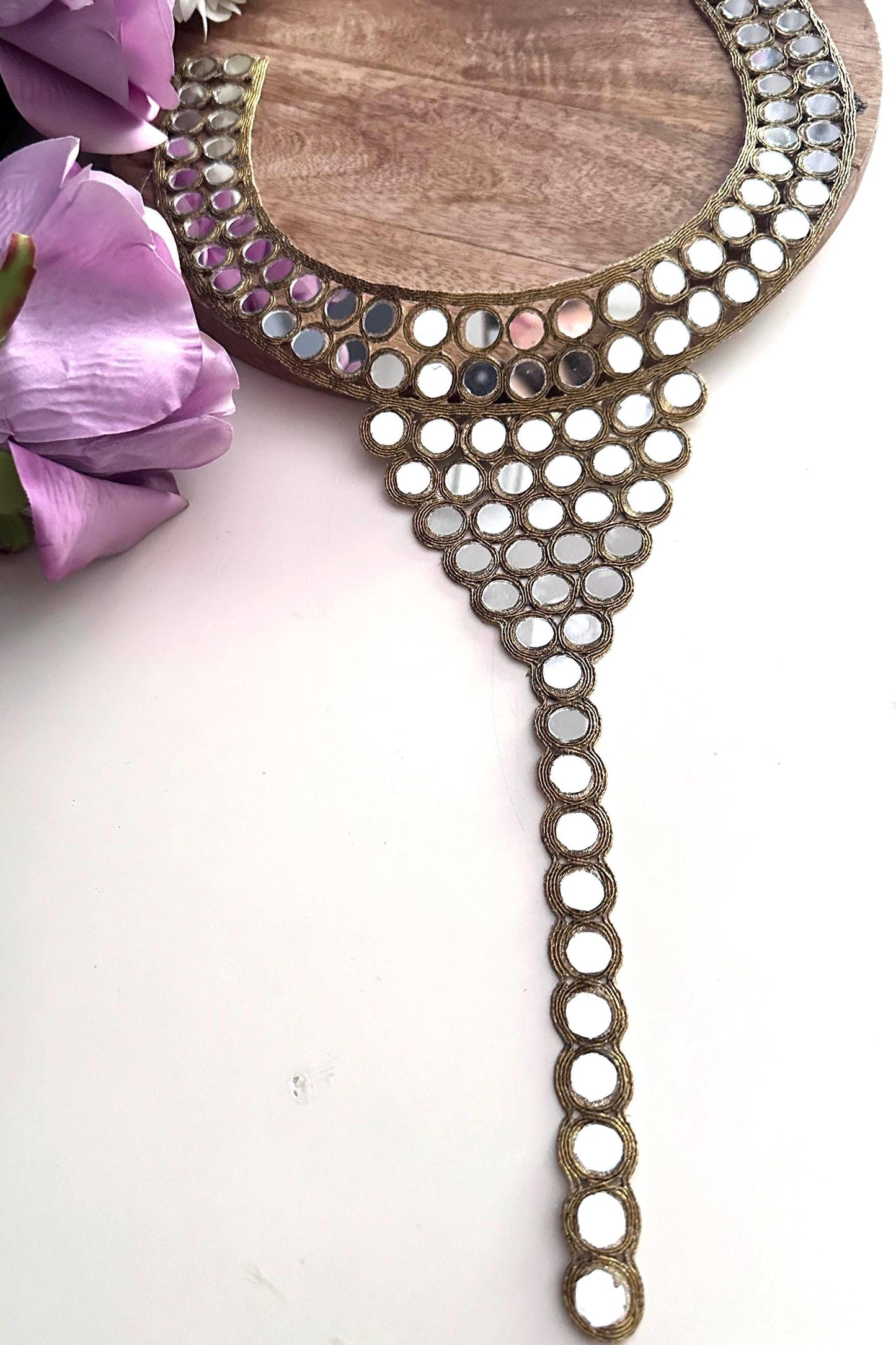 Hand Embroidered Mirror Work Neck Applique Boho Silver & Gold Body Jewelry Yoke Patch Mirror Crystal Embellishment for Dress Gown Costume